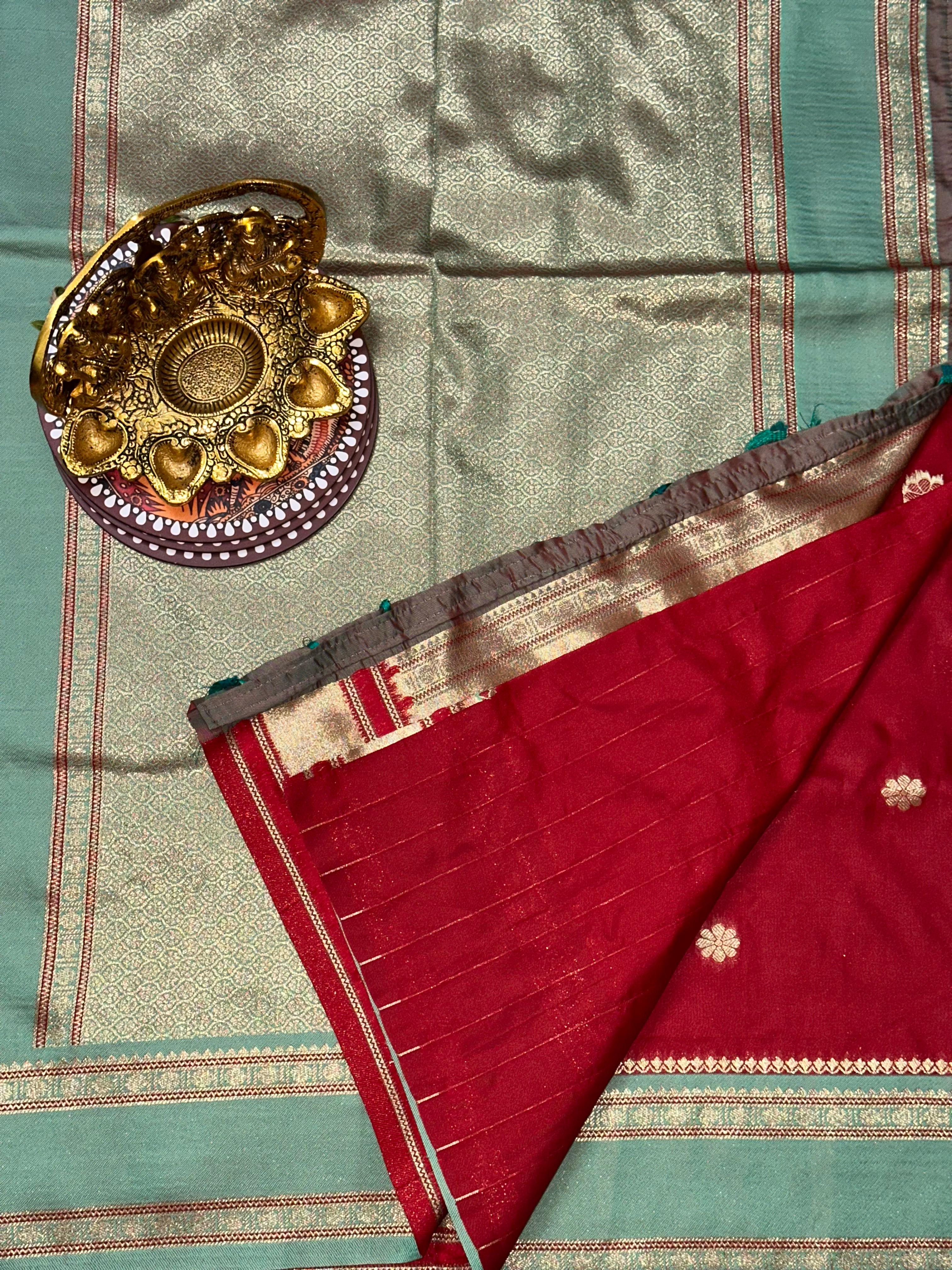 Royal Red Soft Silk Floral Butta Saree | Unstitched | Red