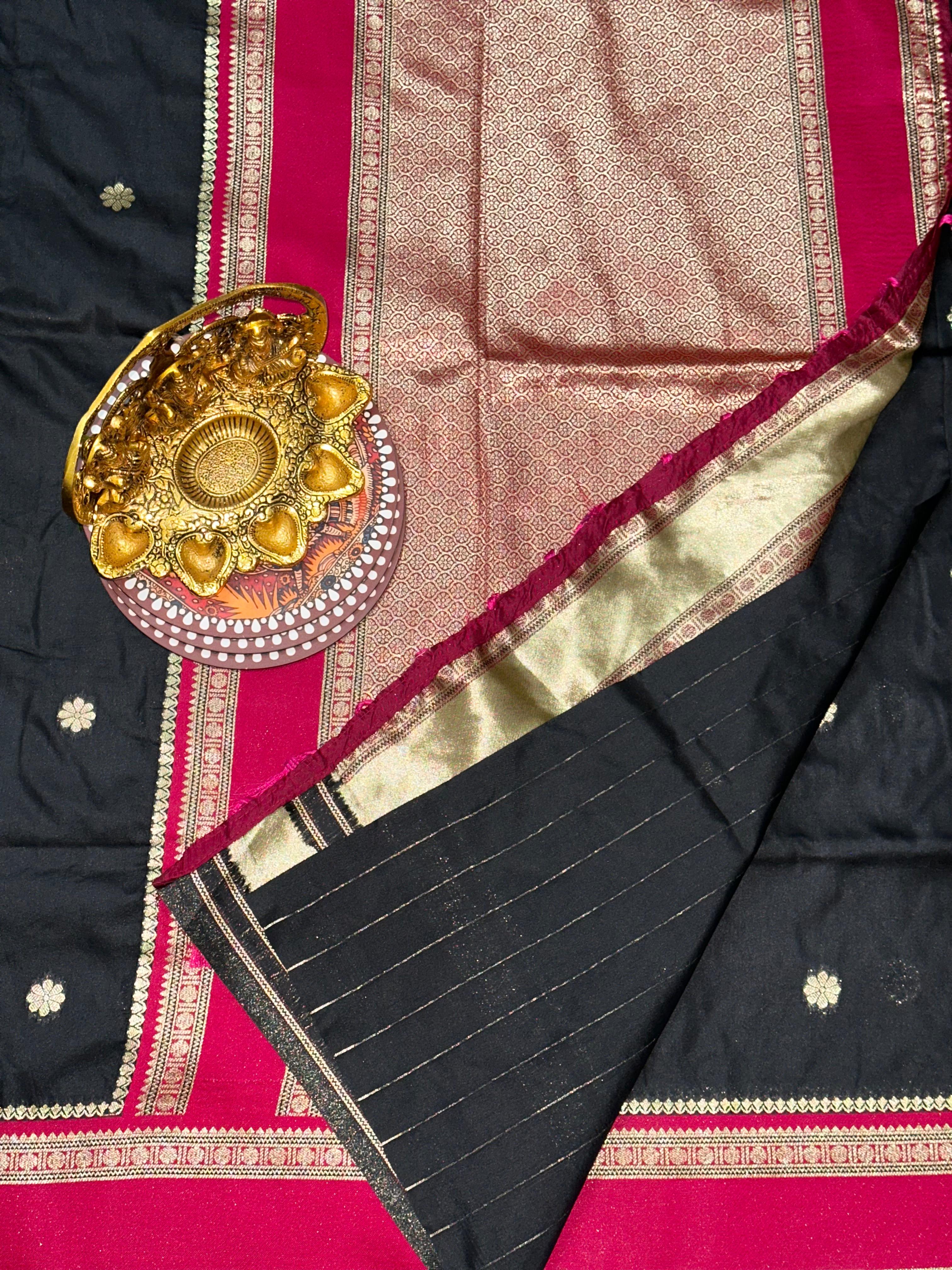 Raven Black Soft Silk Floral Butta Saree | Unstitched | Black