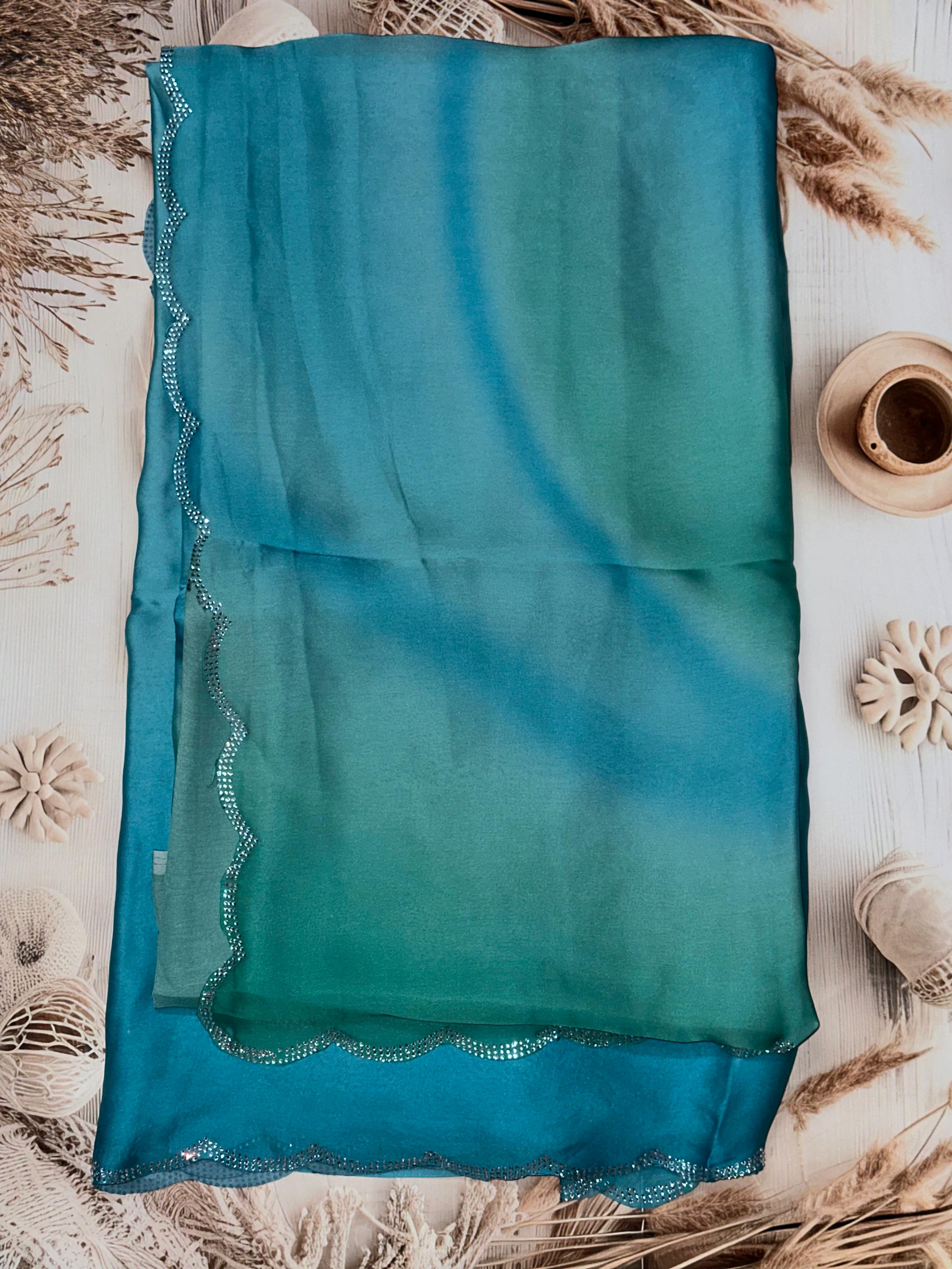 Sky Blue Satin Georgette Saree | Unstitched | Sky Blue