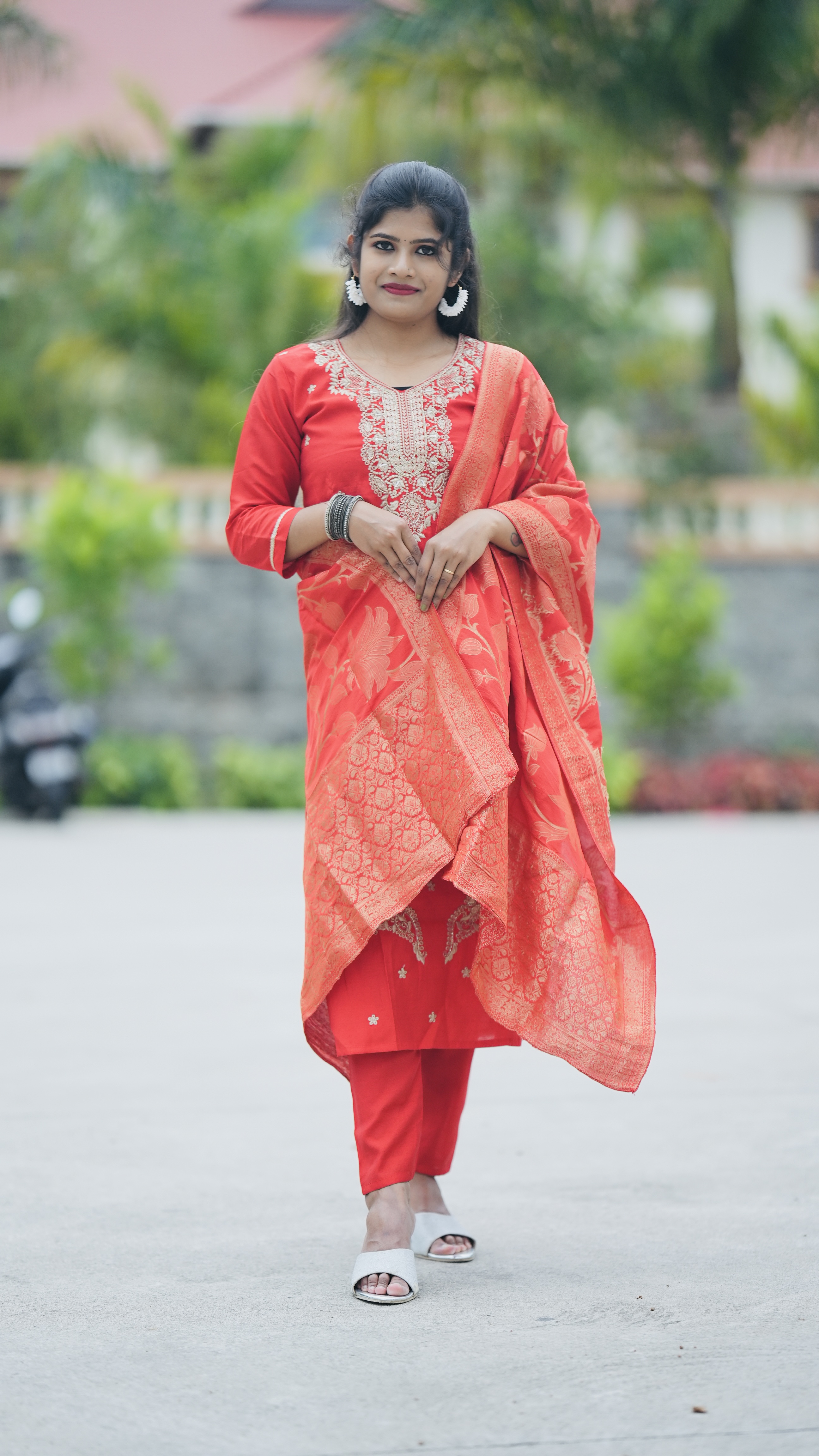 Elegant Red Ethnic Suit Set( Roman silk )