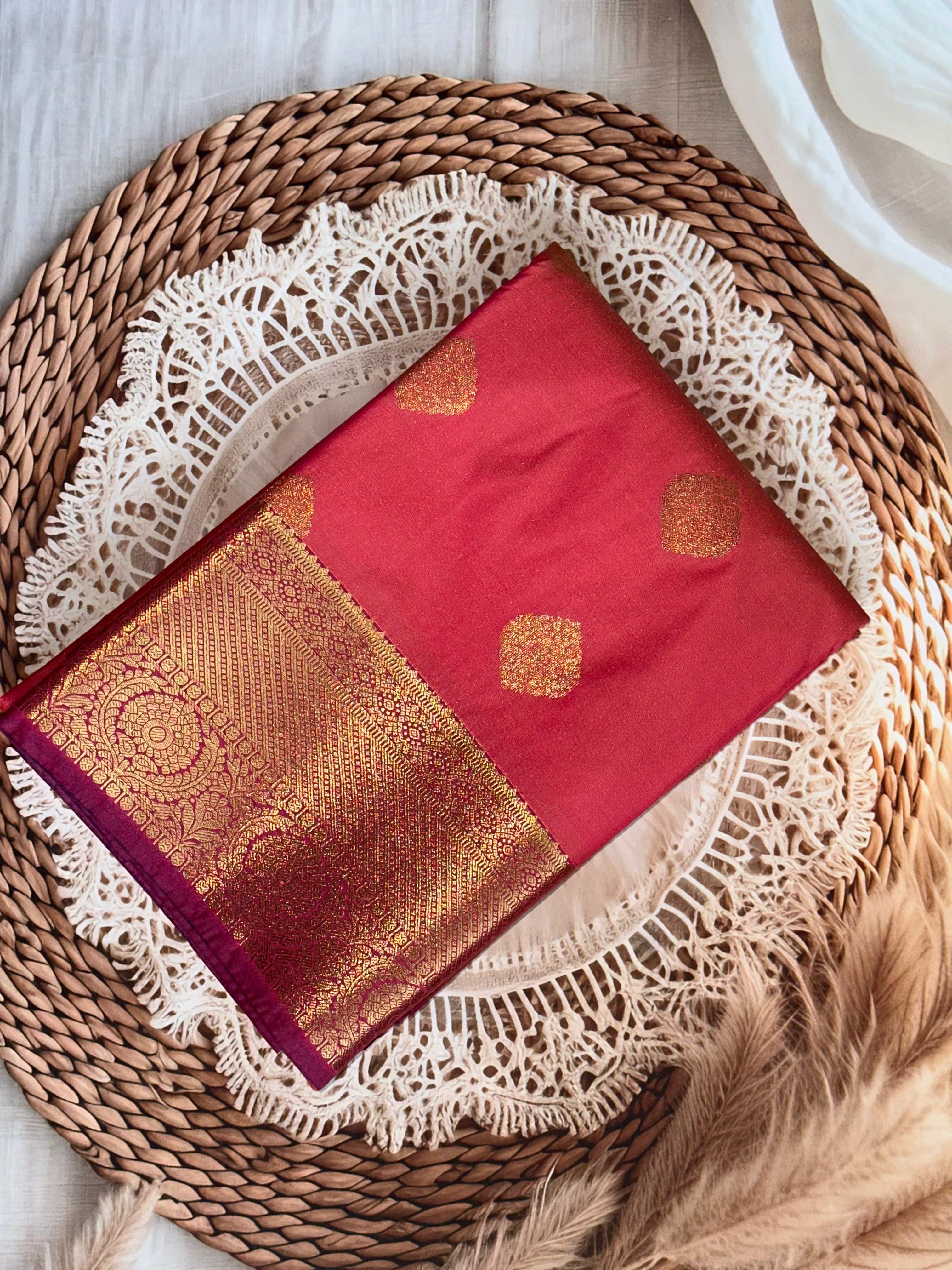 Premium Semi Kanchi Silk Saree Peach Colour With Purple Contrast