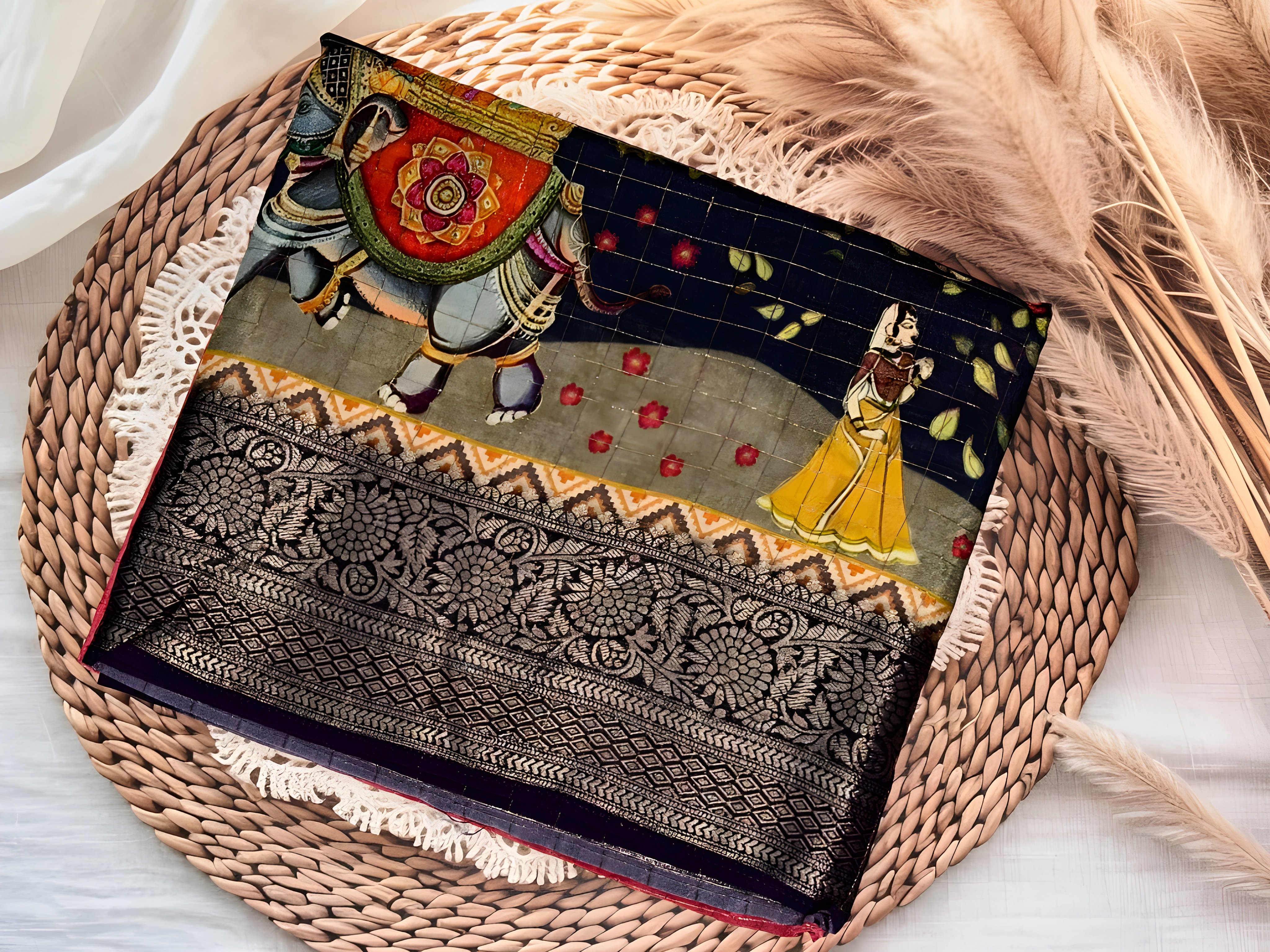 Artful Kalamkari Viscose Pure Dola Silk Saree | Unstitched | Pink