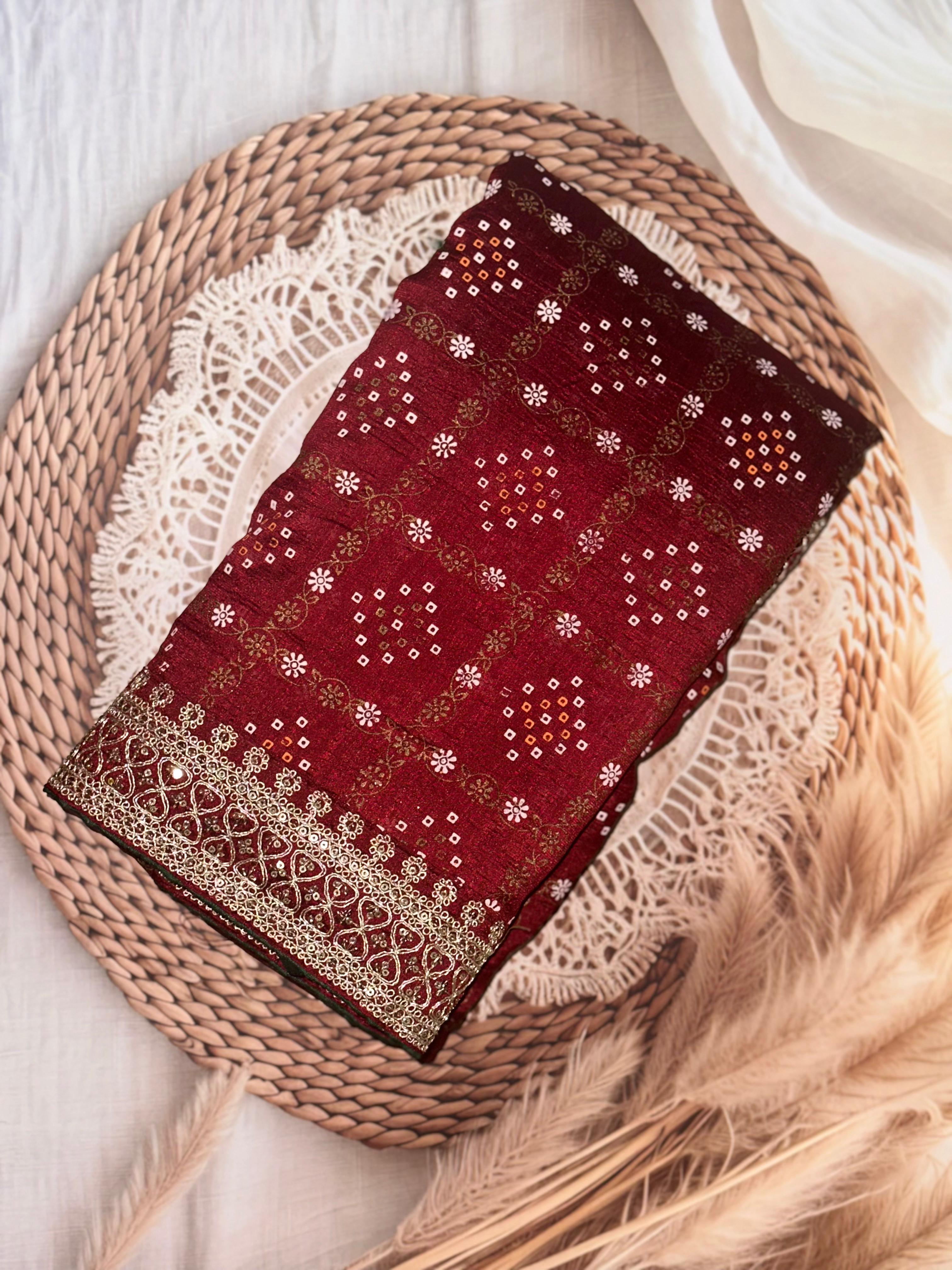 Maroon traditional blooming vichitra khadi bandhej silk saree with sequence work