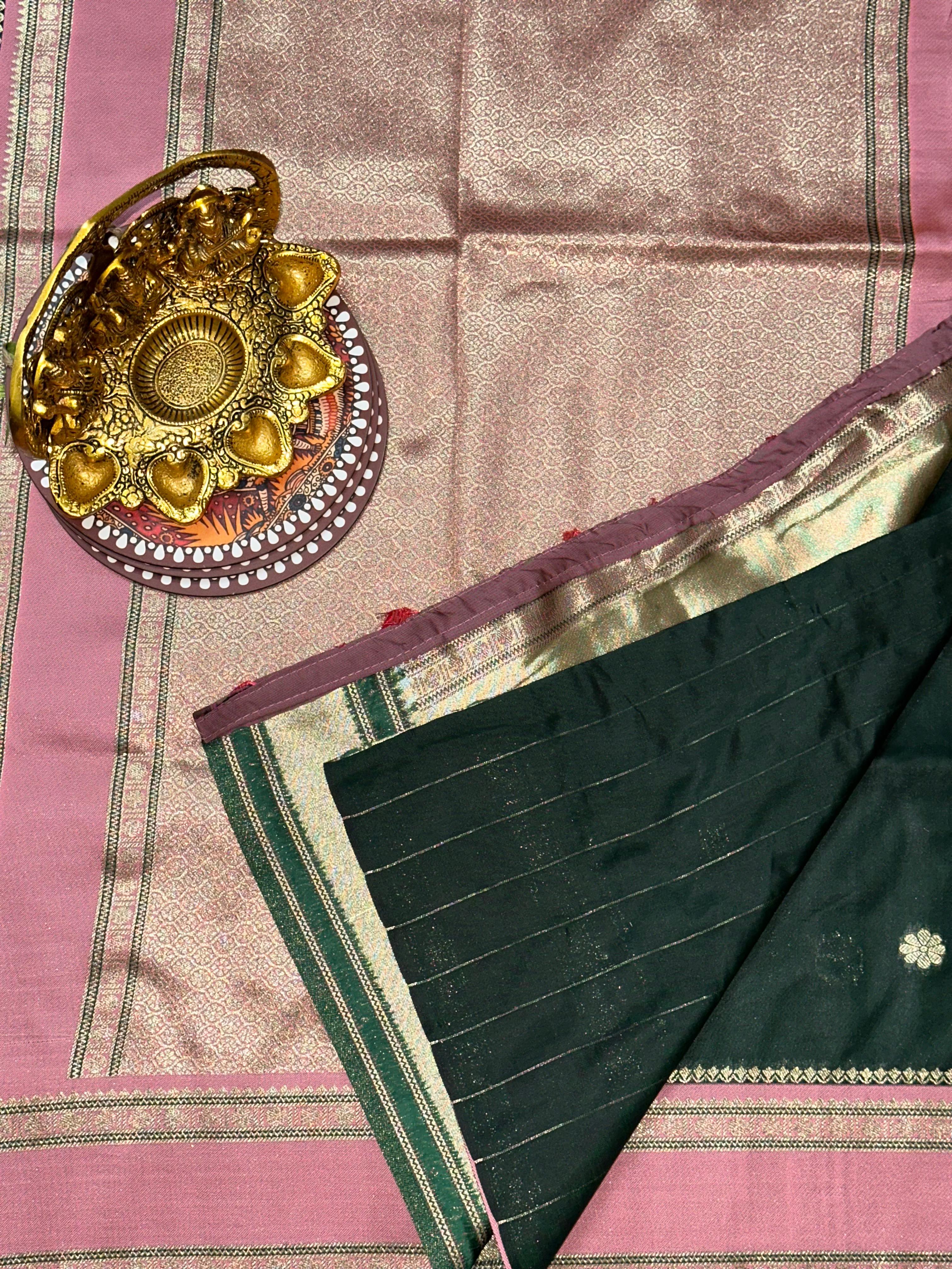 Bottle Green Soft Silk Floral Butta Saree | Unstitched | Green