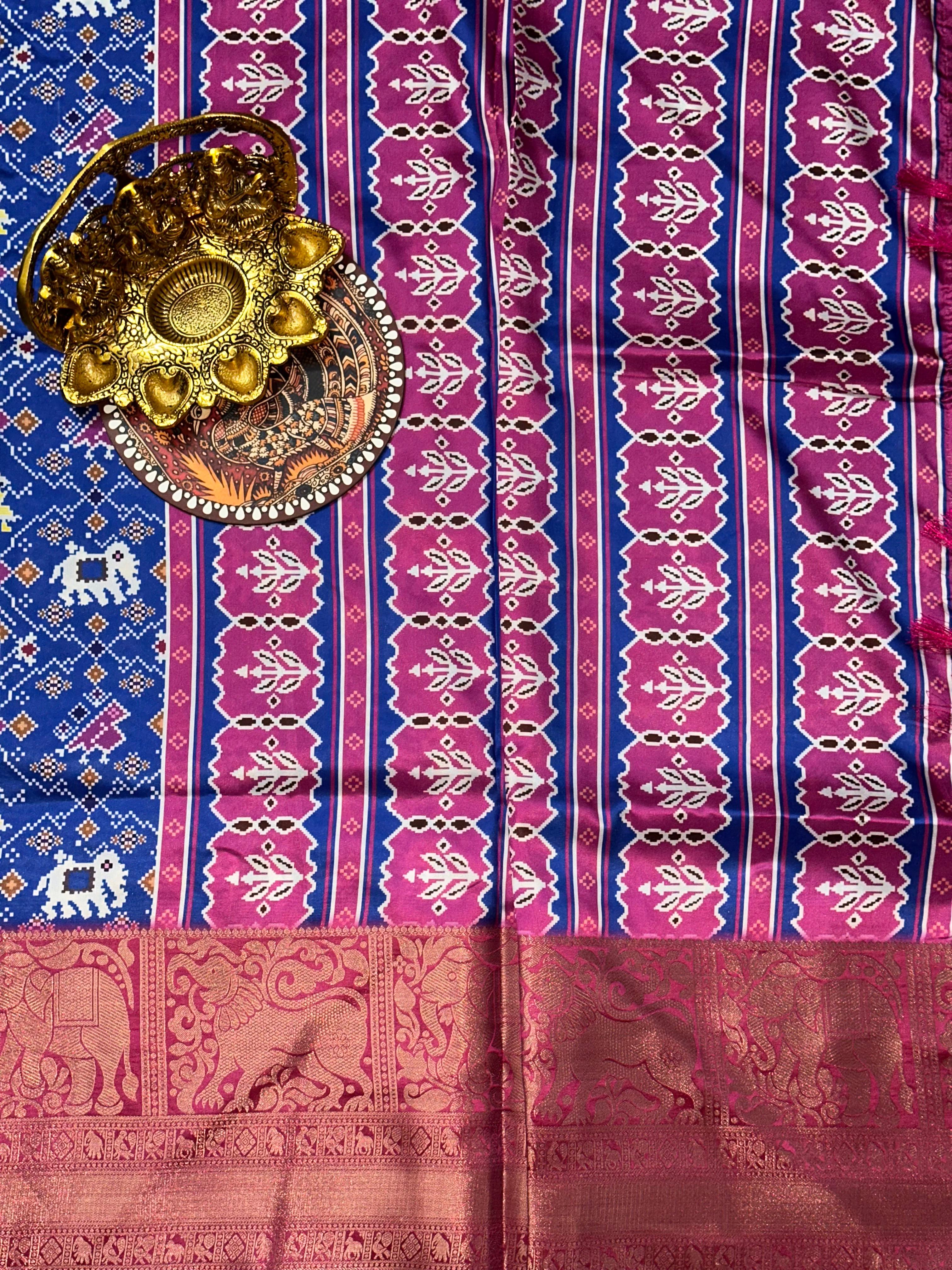 Royal Blue Patola Digital Print Saree | Unstitched