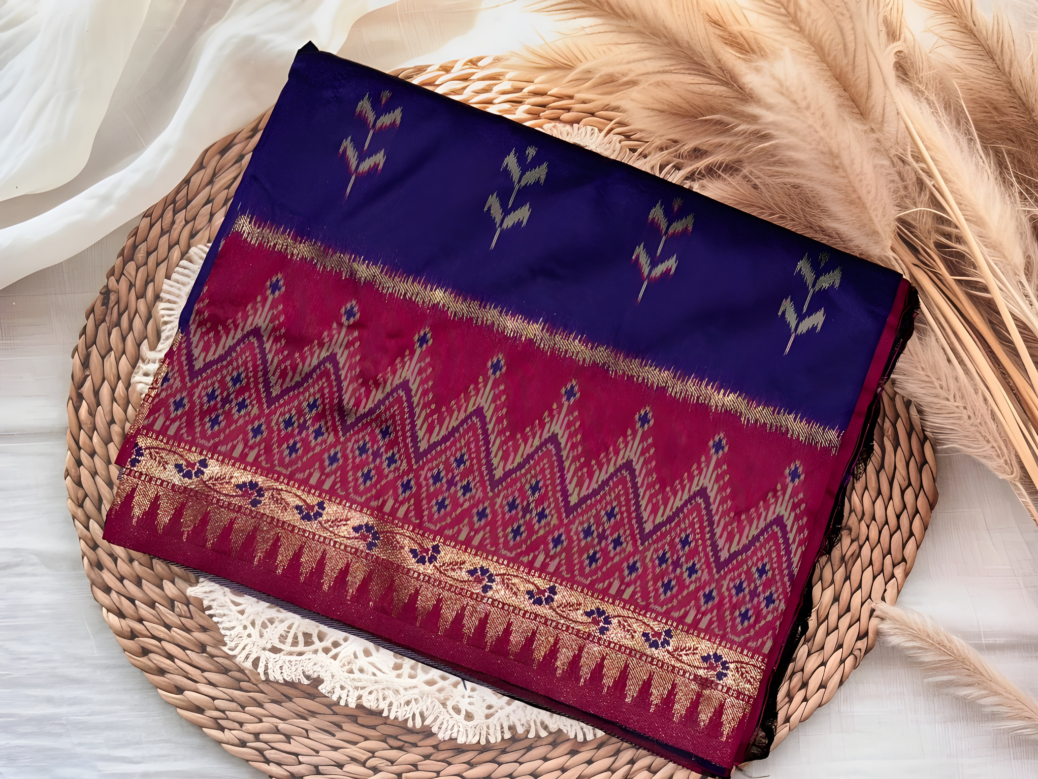 Regal Purple Soft Silk Ikkat Saree | Unstitched | Purple