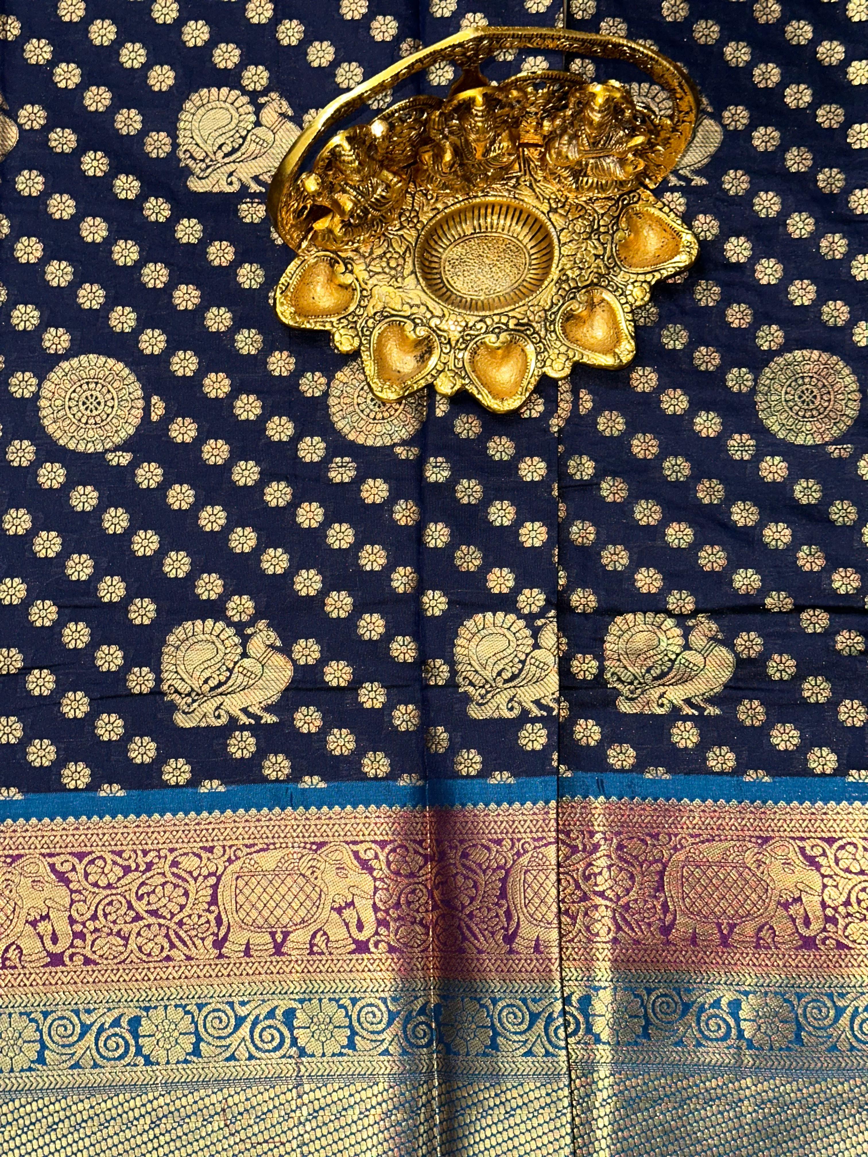 Regal Radiance Banarasi Polka Zari Saree | Unstitched | Navy