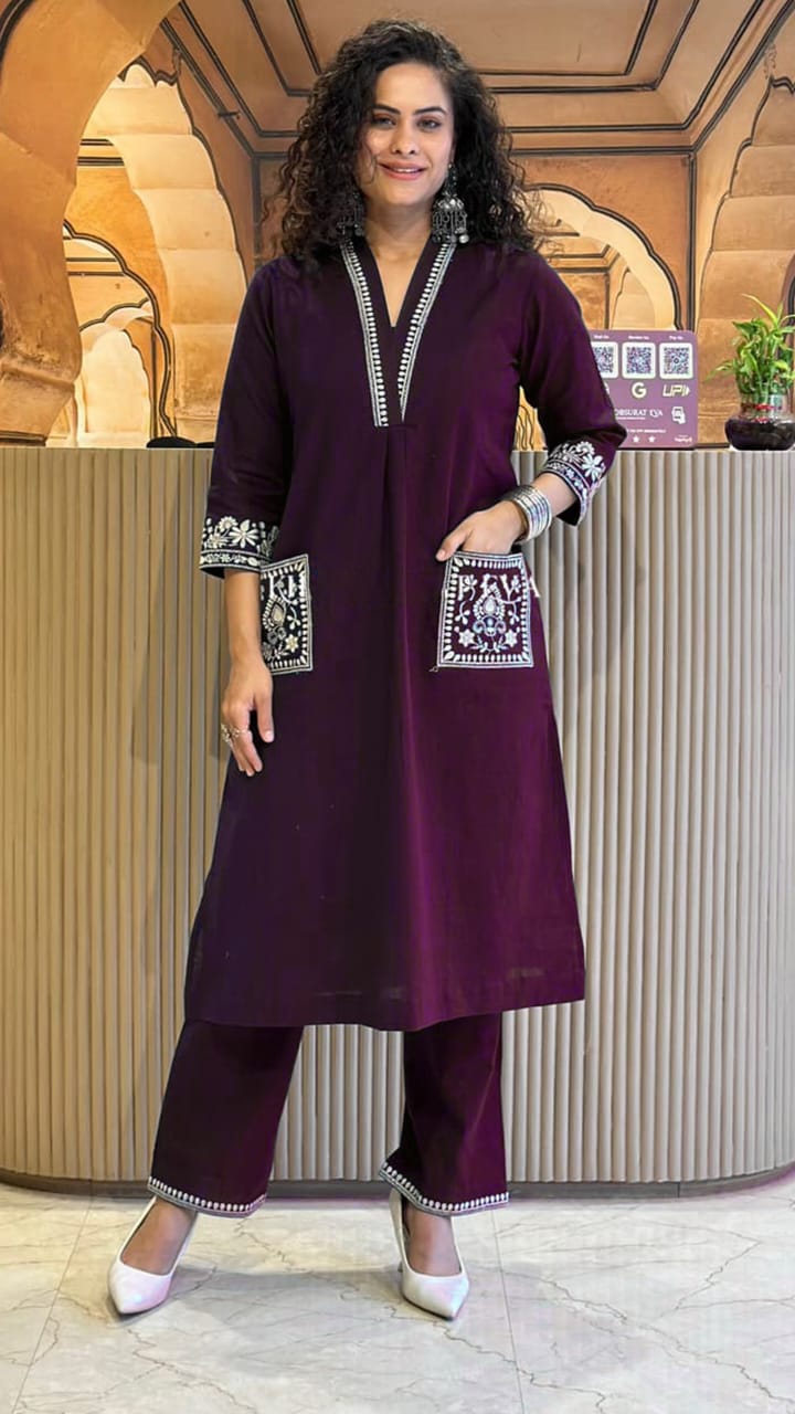 Wine cotton Embroidered  Trouser Set