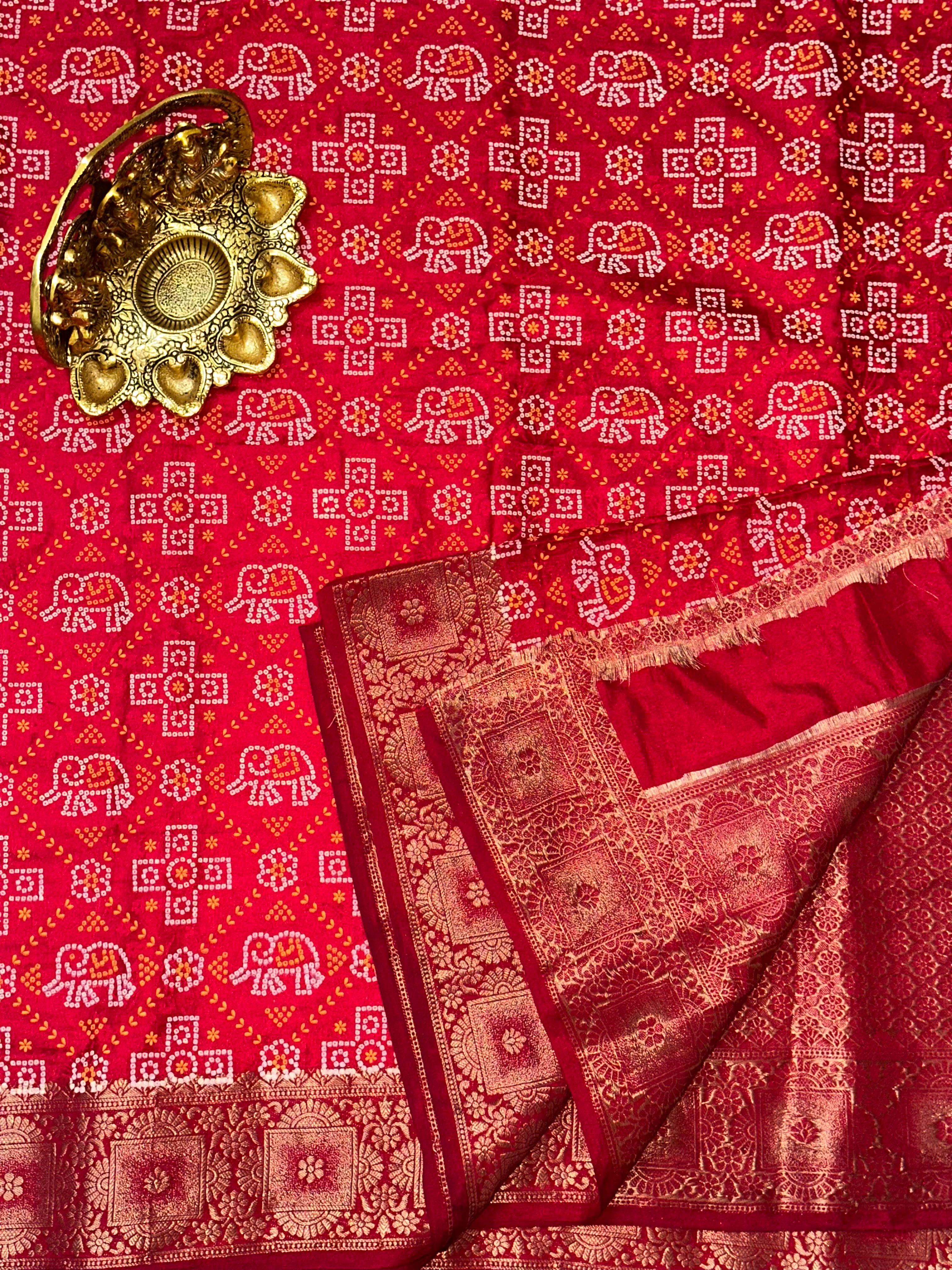 Red Satin Silk Bandhej Saree with Zari weaving border & Pallu