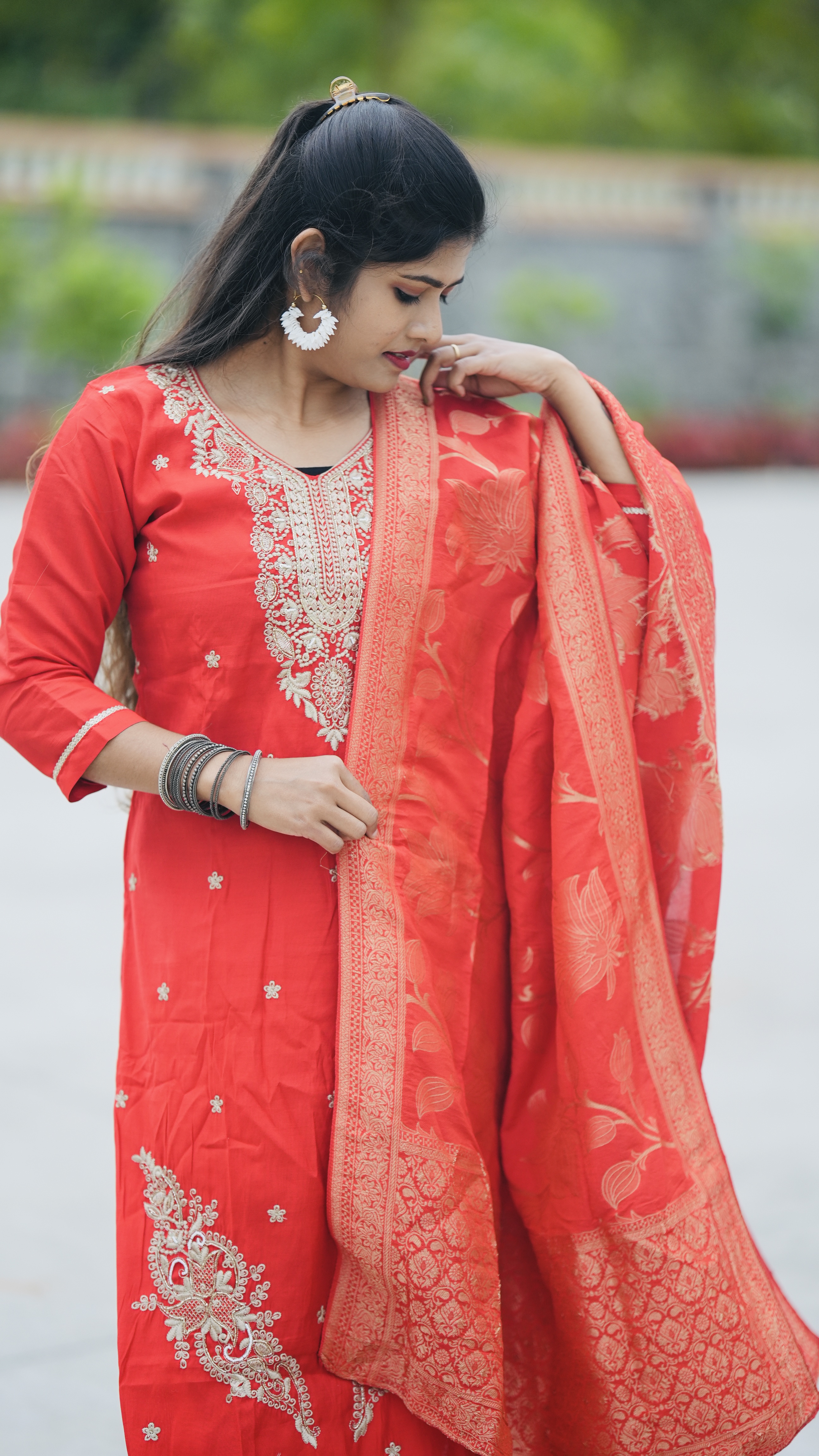 Elegant Red Ethnic Suit Set( Roman silk ) 