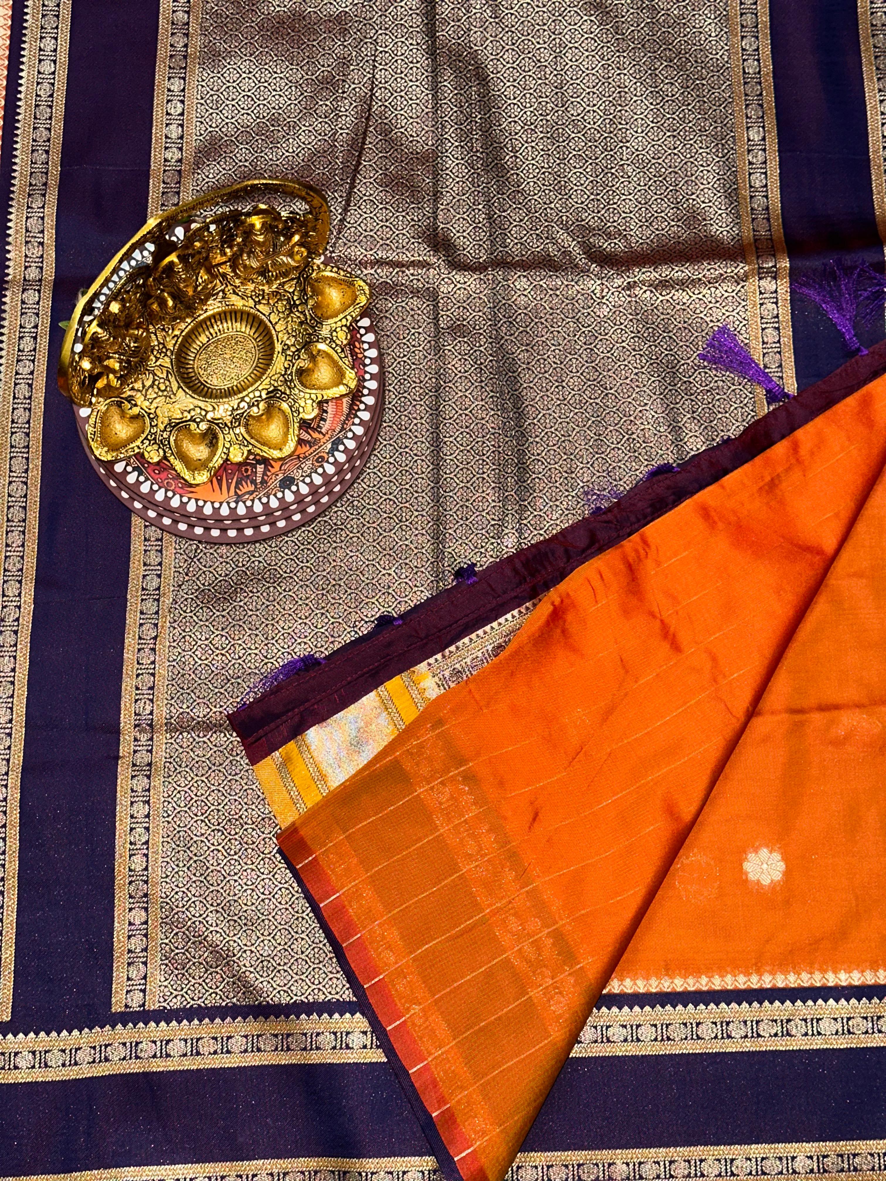 Navy Blue Soft Silk Floral Butta Saree | Unstitched | Navy Blue