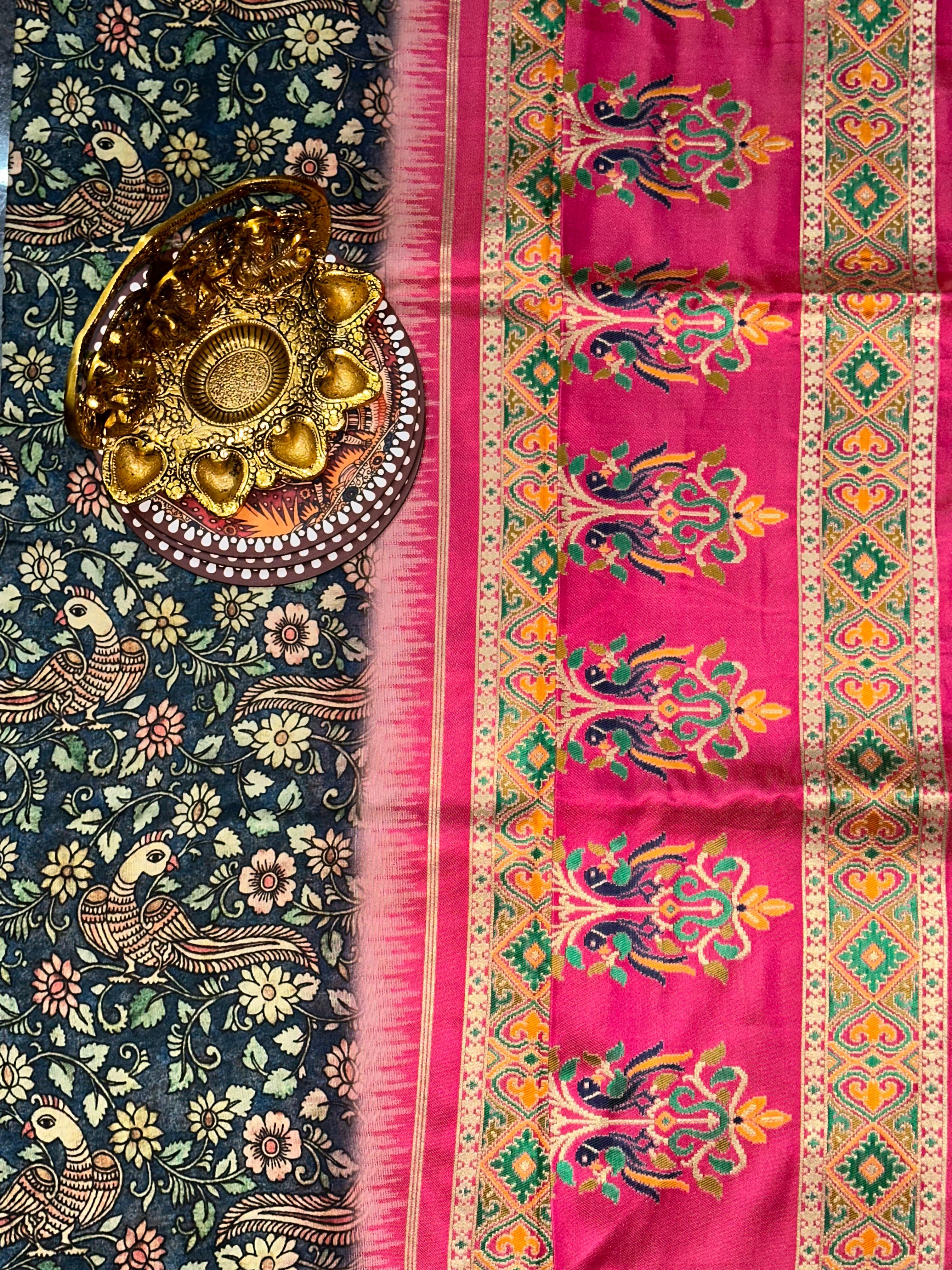 Kalamkari Floral Print Gamthi Soft Silk Saree | Unstitched | Teal