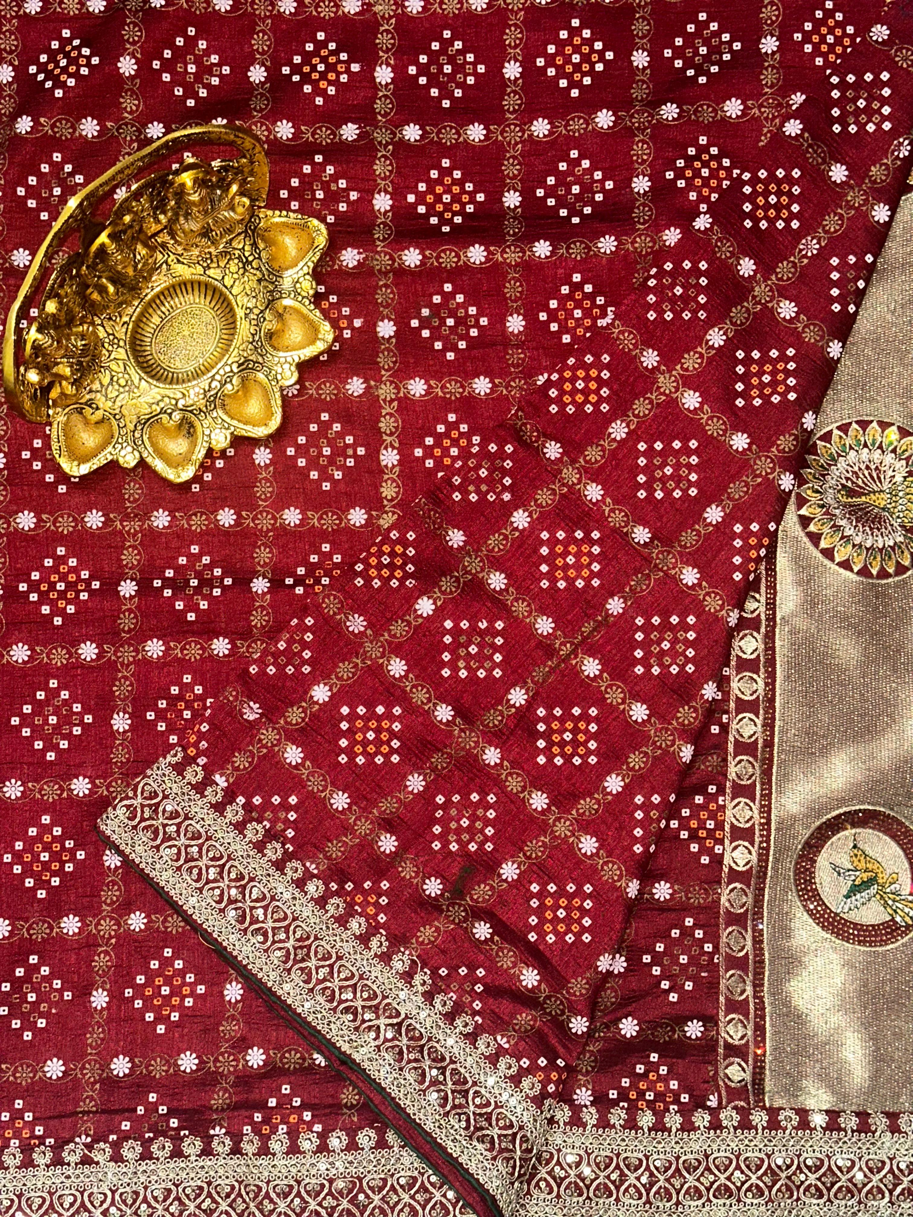 Maroon traditional blooming vichitra khadi bandhej silk saree with sequence work