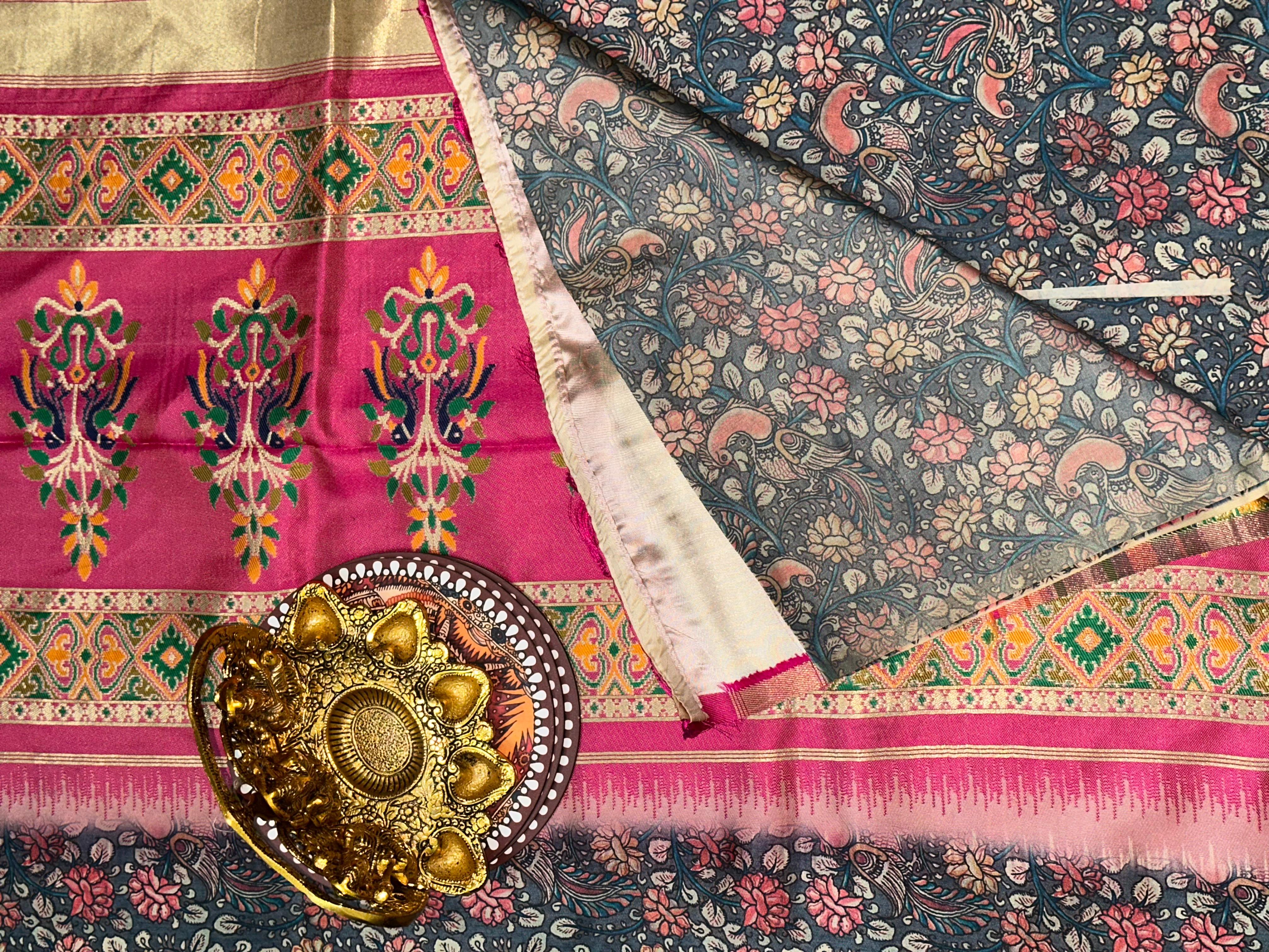 Smoke Grey Kalamkari Floral Print Gamthi Saree | Unstitched | Grey