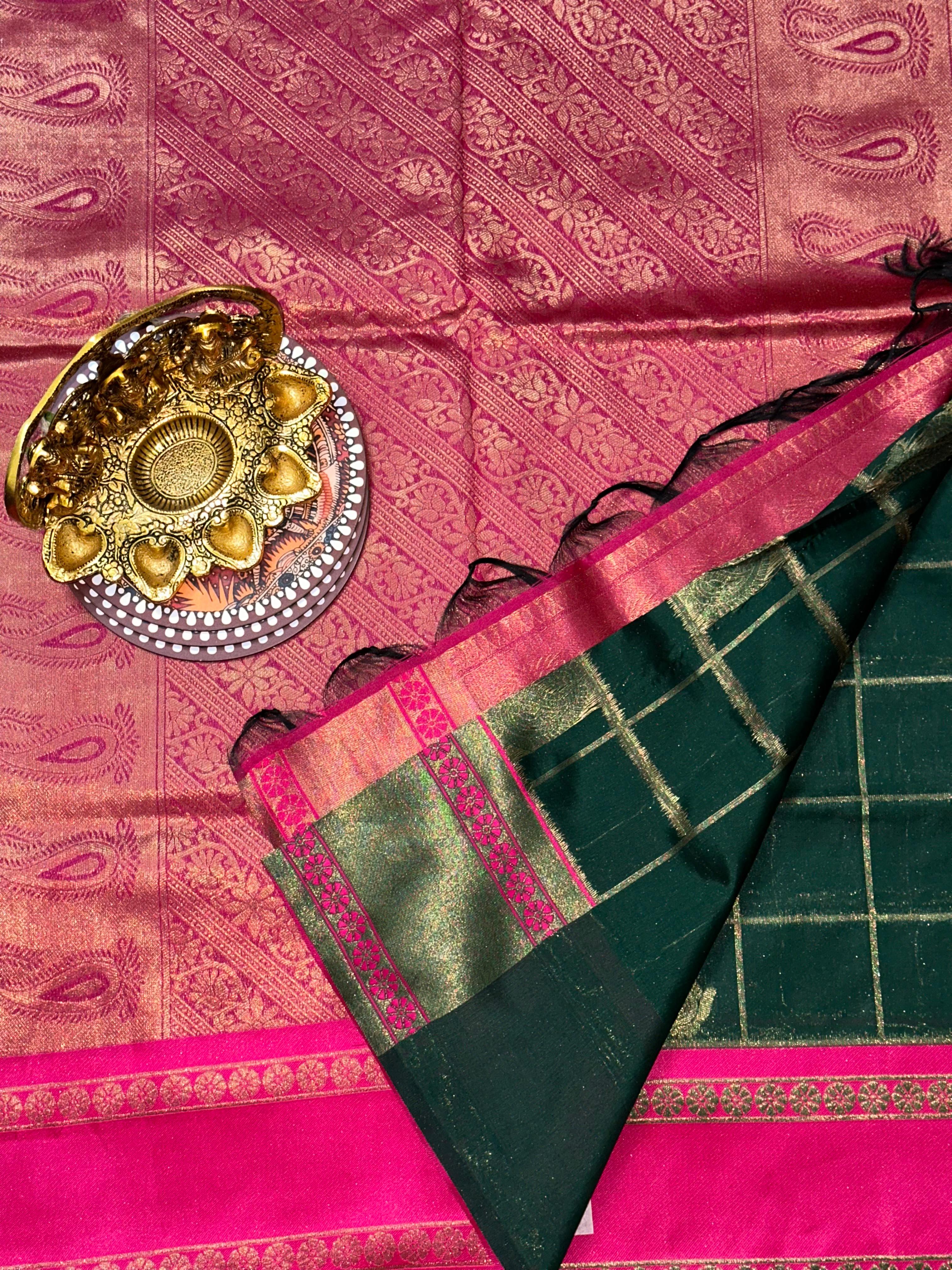 Intricate Paisley Silk Saree With Radiant Pink Pallu | Unstitched |  Green