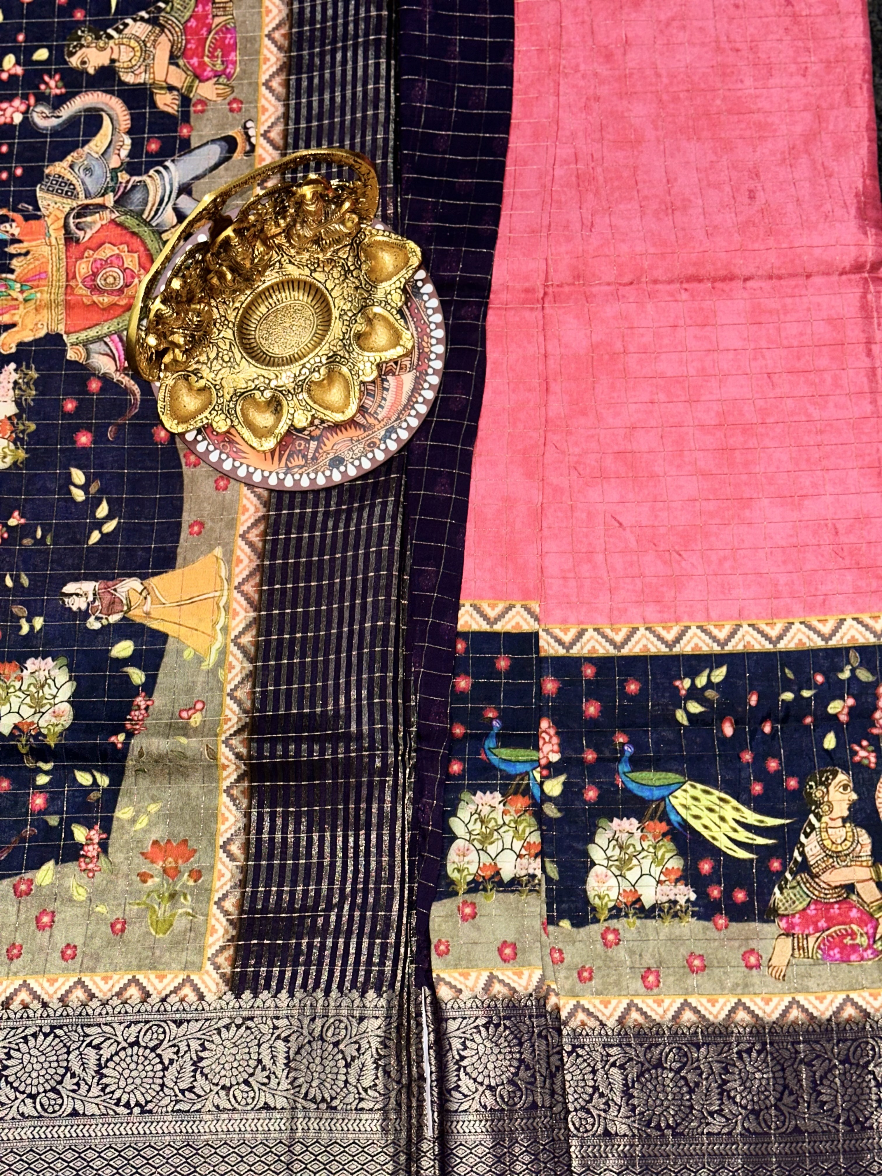 Artful Kalamkari Viscose Pure Dola Silk Saree | Unstitched | Pink