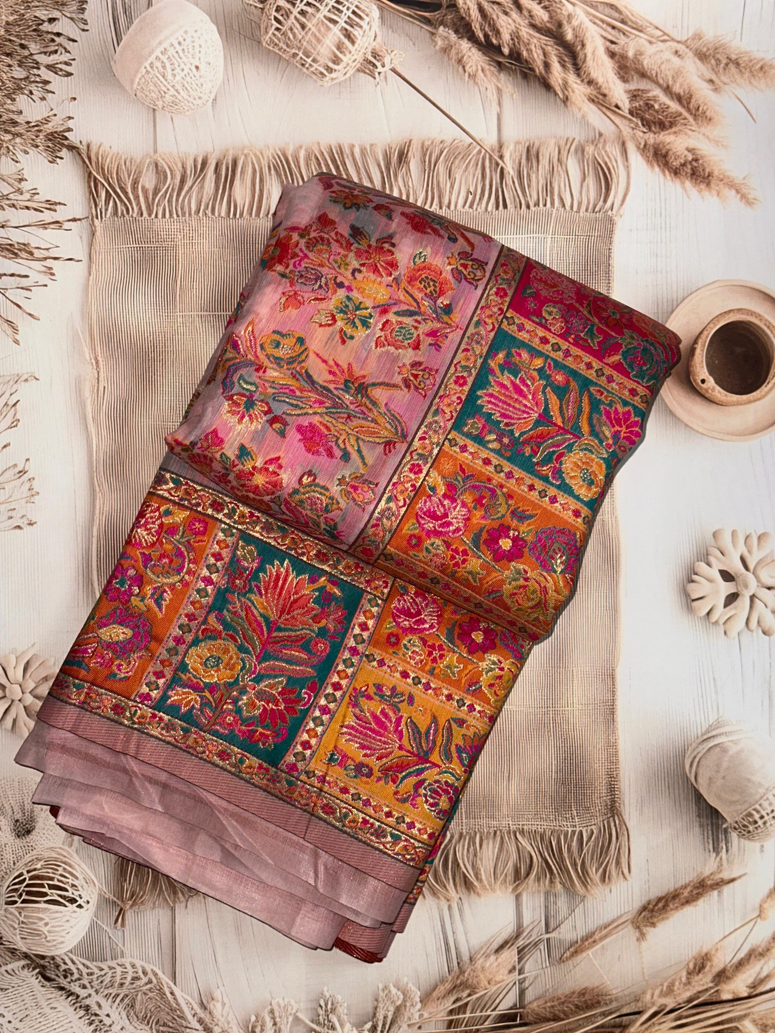 Pink Traditional Pashmina Cotton Saree with Woven Design