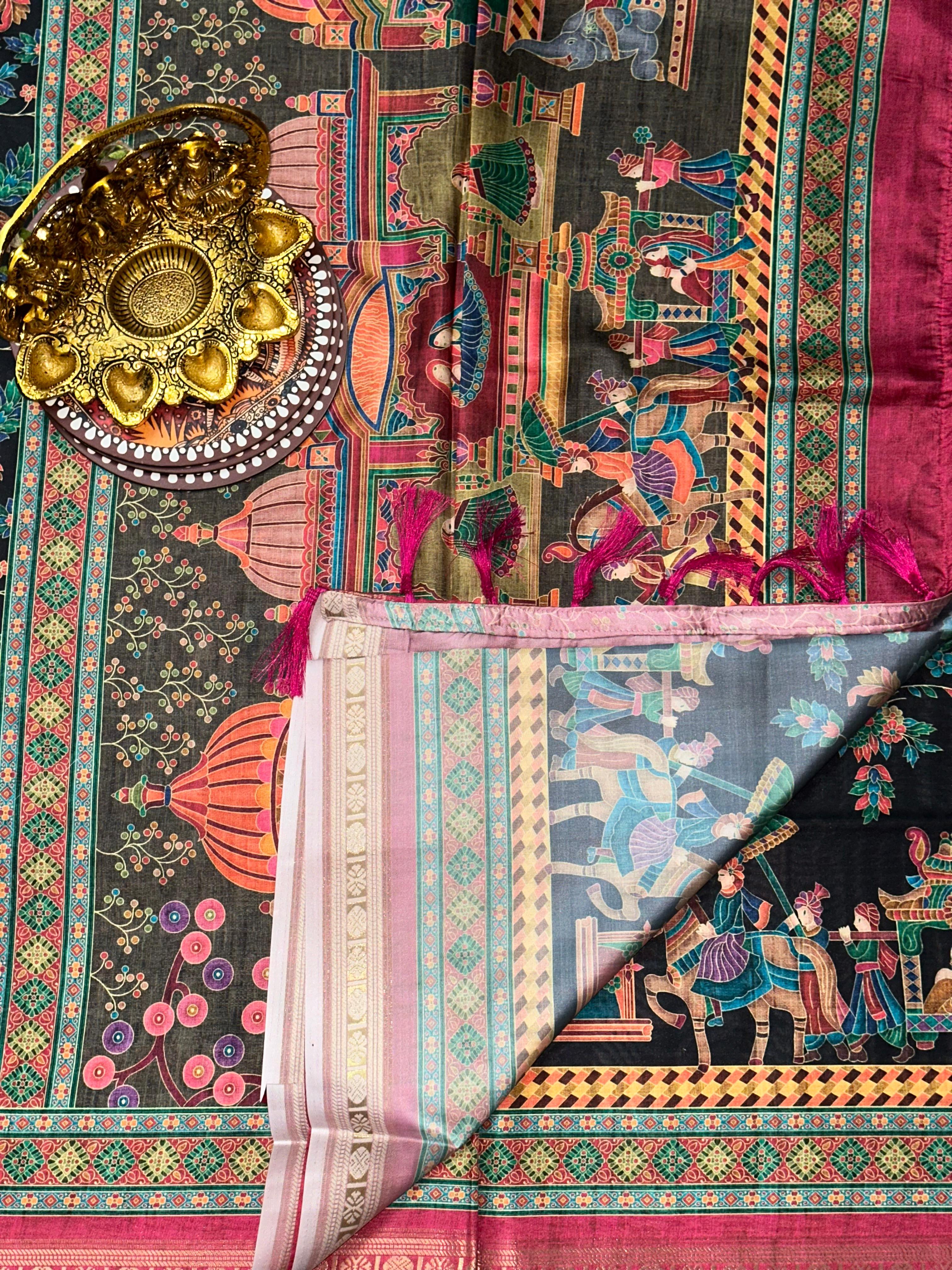 Black Soft Silk Pashmina Kashmiri Print silk