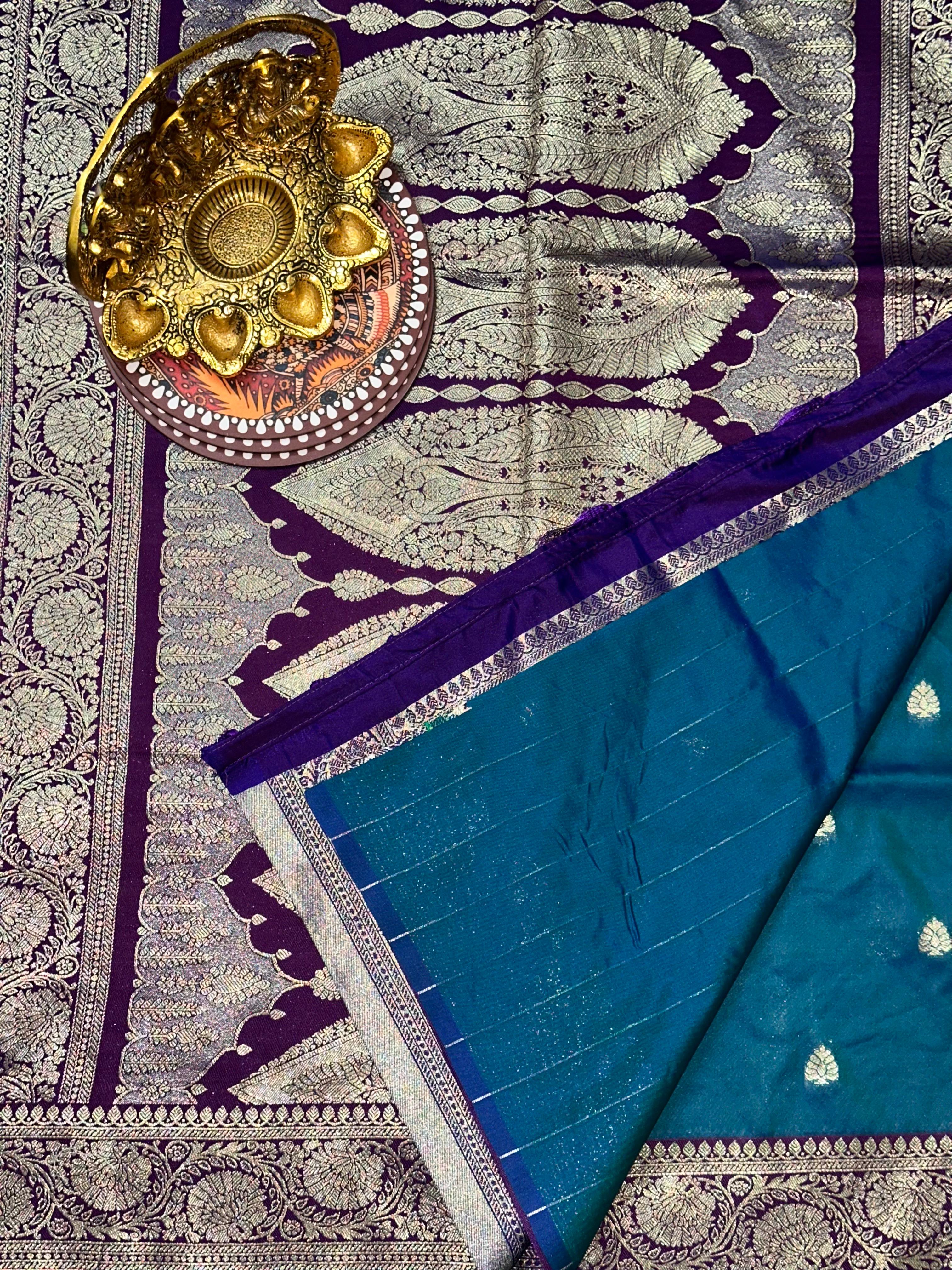 Teal Blue Soft Silk Feather Saree | Unstitched | Blue