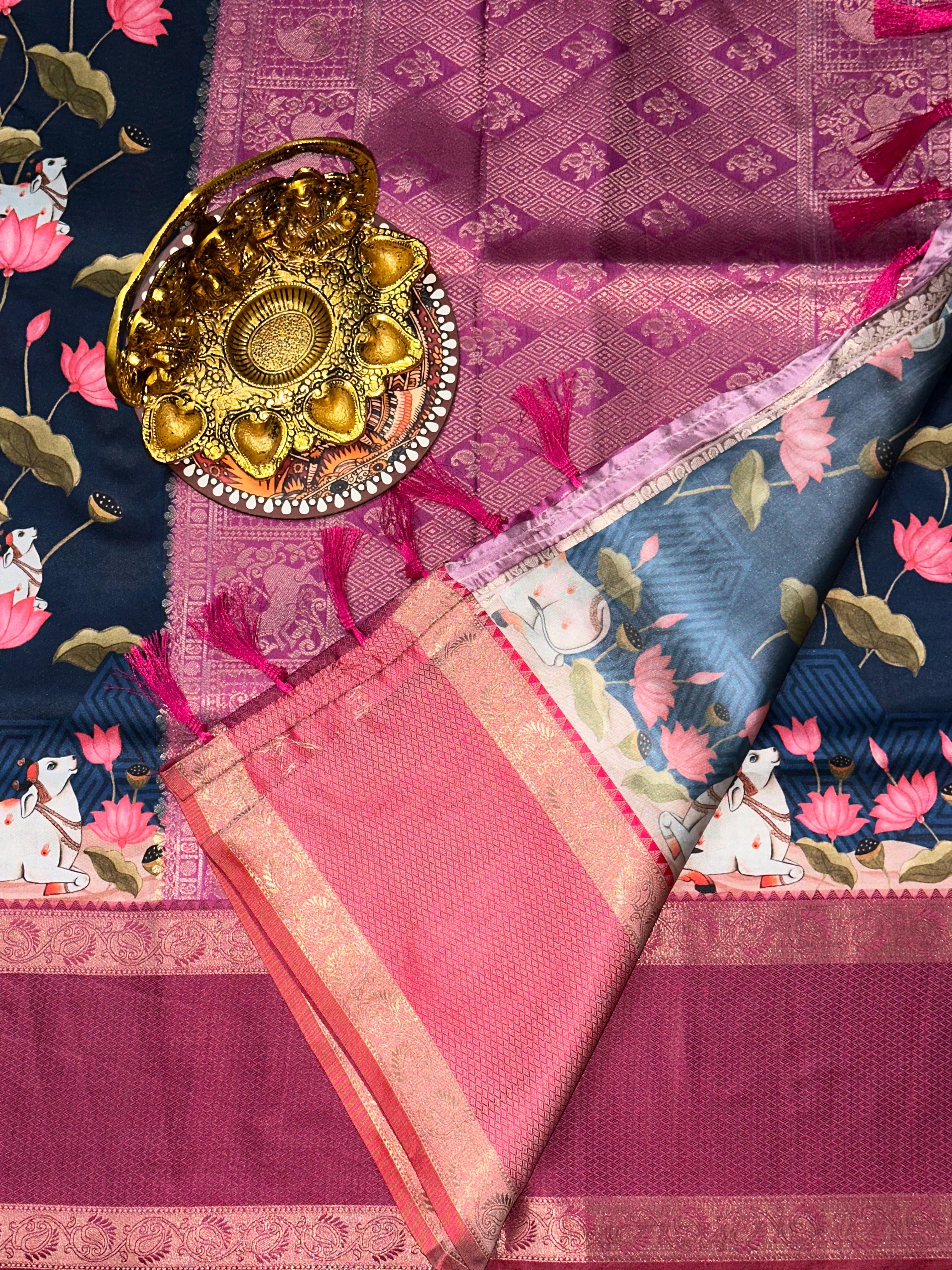 Navy Pichwai Print Banarasi Silk Saree | Unstitched | Navy