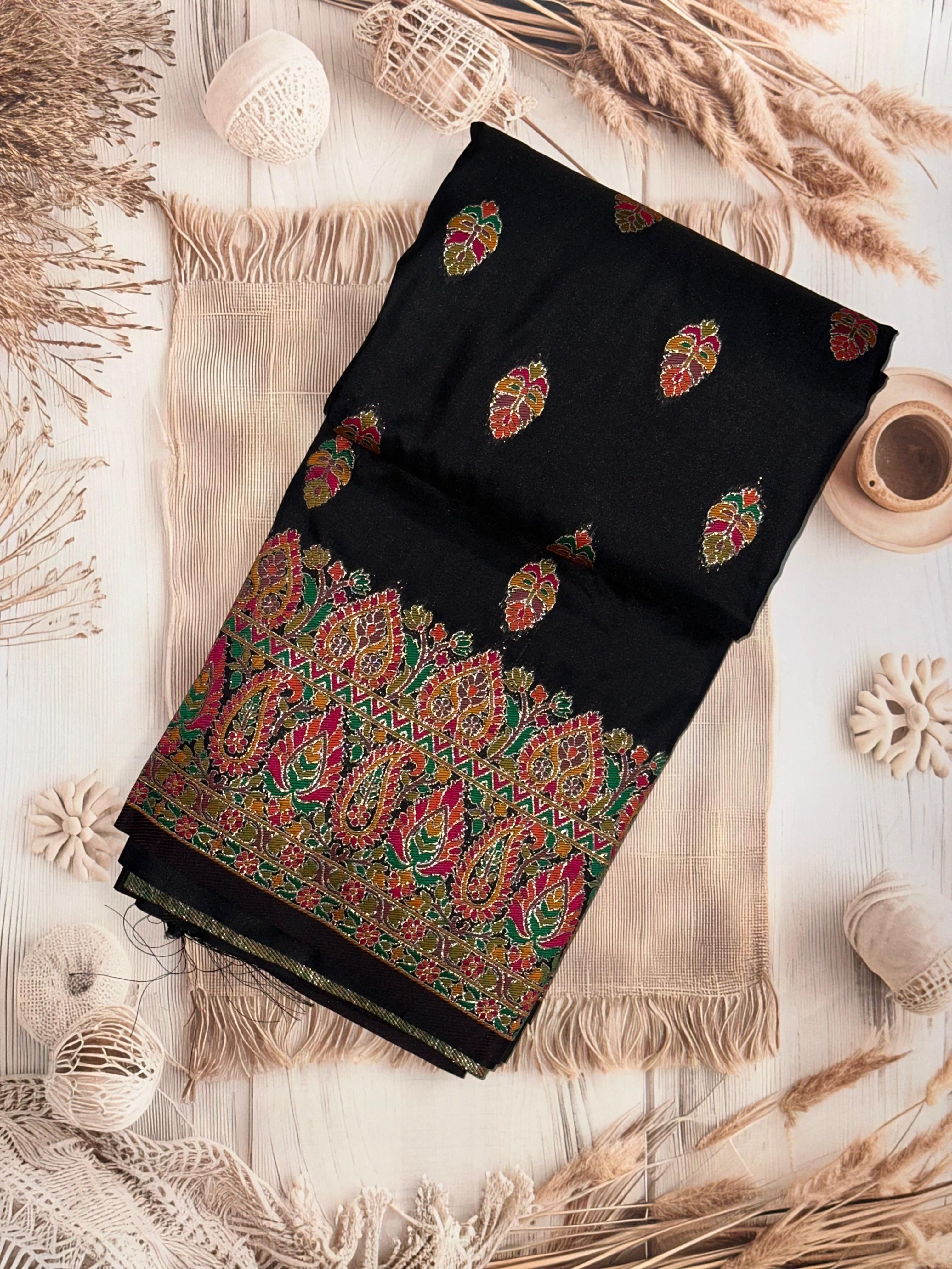 Black Kashmiri Pashmina Silk Saree With Meenakari Weaving Work