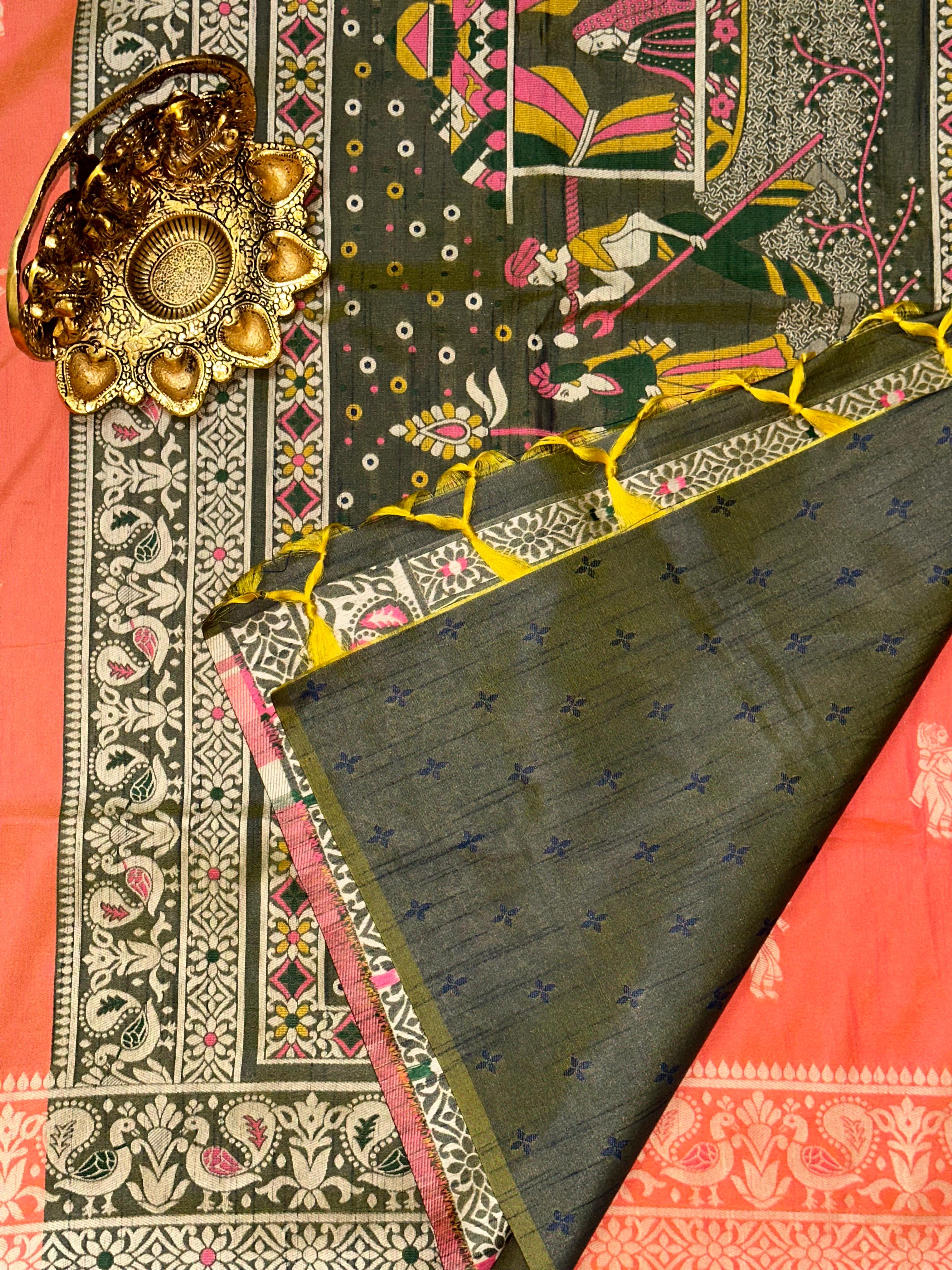 Peach color soft raw silk saree with woven design