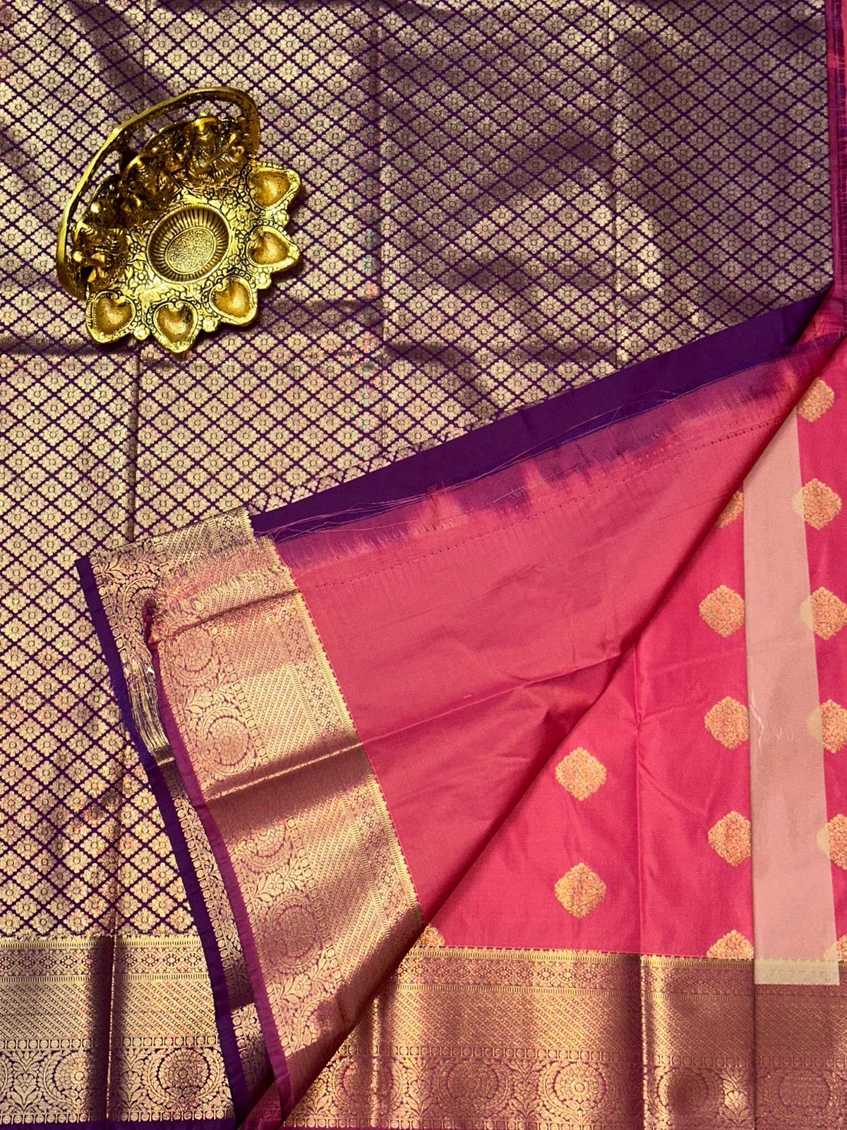 Premium Semi Kanchi Silk Saree Peach Colour With Purple Contrast