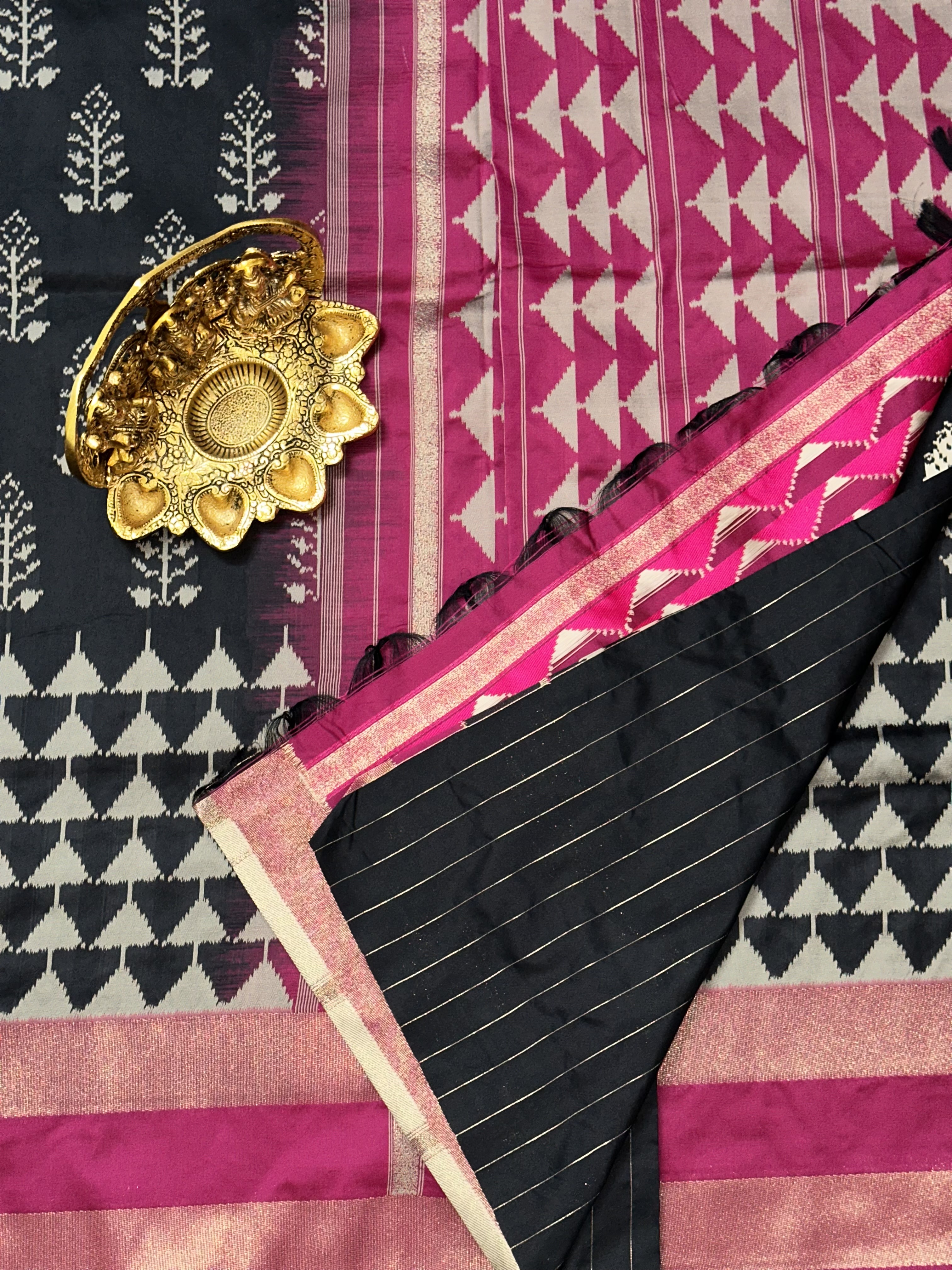 Radiant Black Soft Silk Ikkat Saree | Unstitched | Black