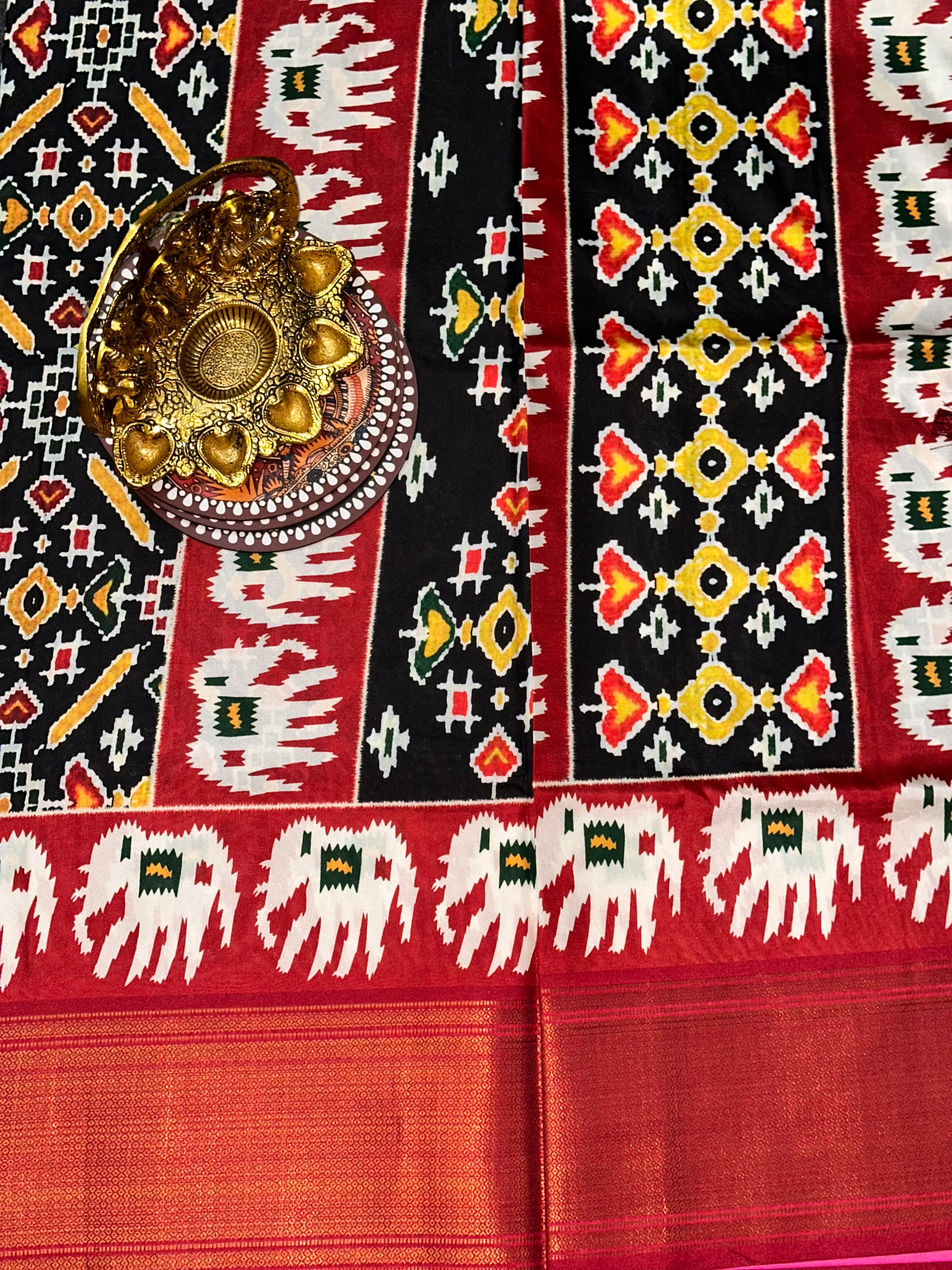 Black Soft Silk Patola Radiance Saree | Unstitched | Black