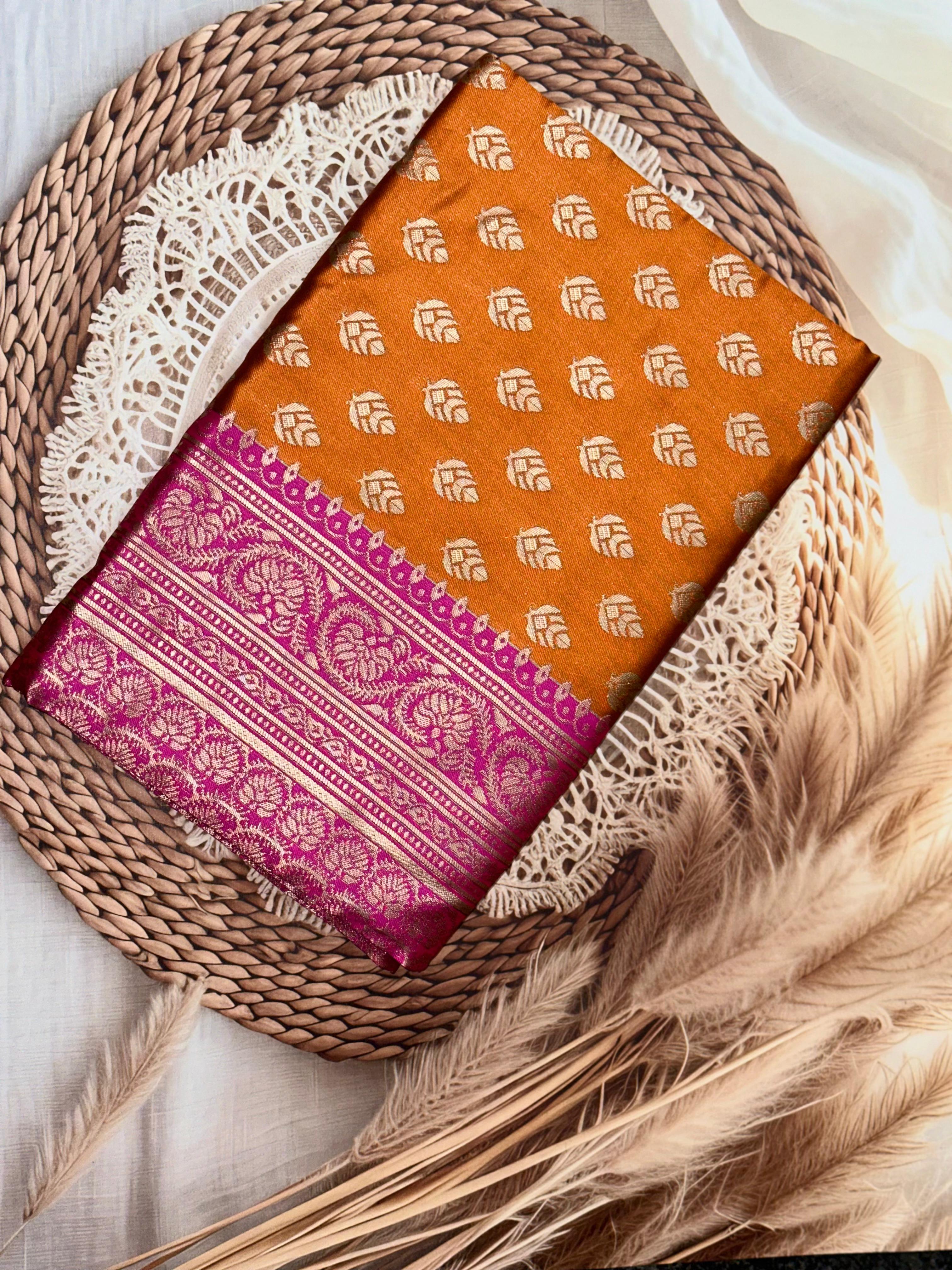 Prettiest Orange Soft Banarasi Silk Saree With Twirling Blouse Piece