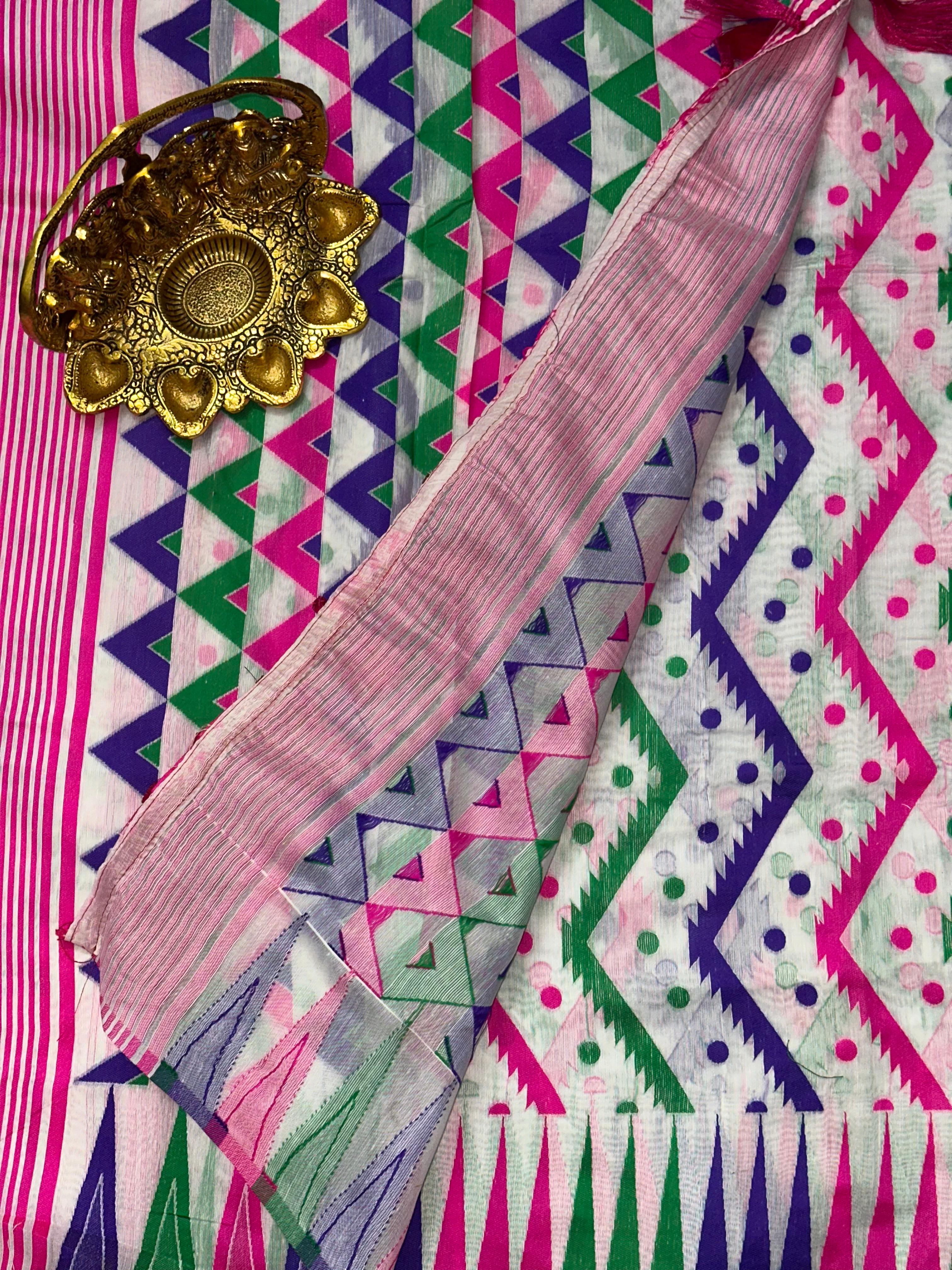 Elegance Dhakai Jamdani Cotton Silk Saree Unstitched