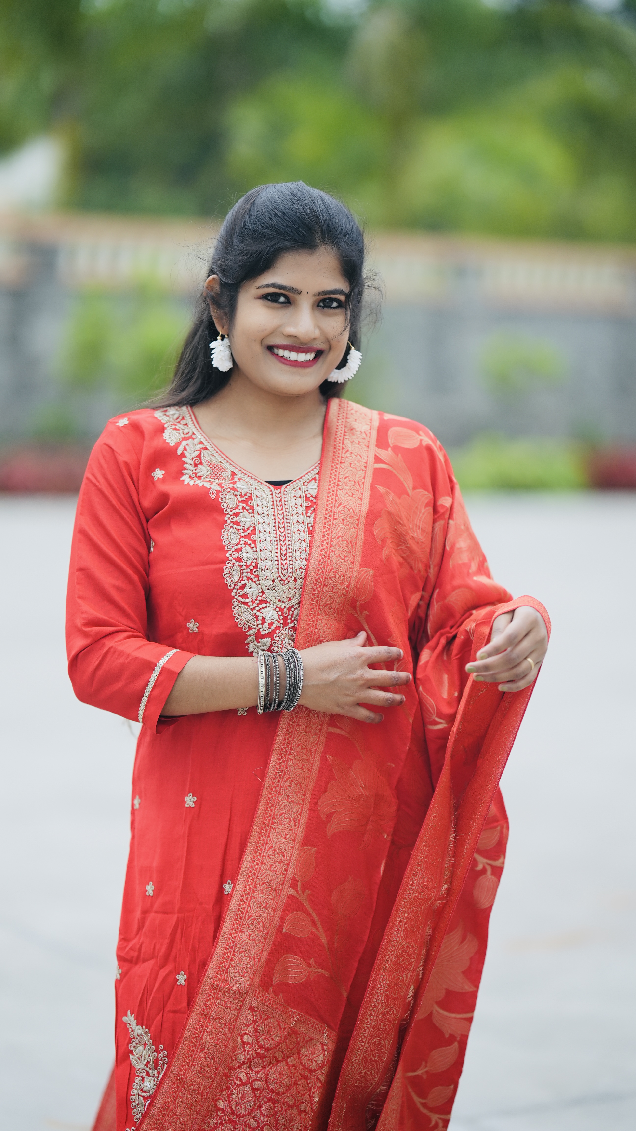 Elegant Red Ethnic Suit Set( Roman silk ) 