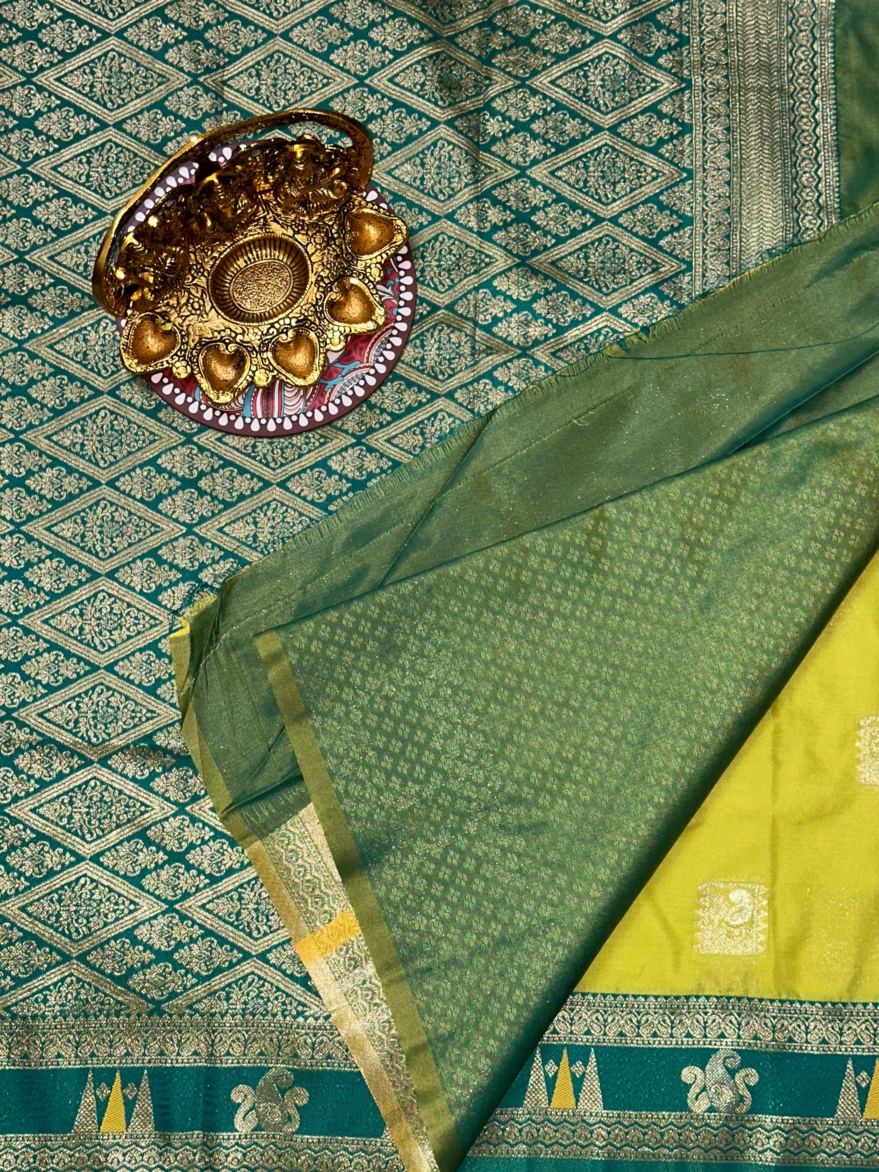 Lime Green Soft Silk Kanjivaram Saree | Unstitched | Lime Green
