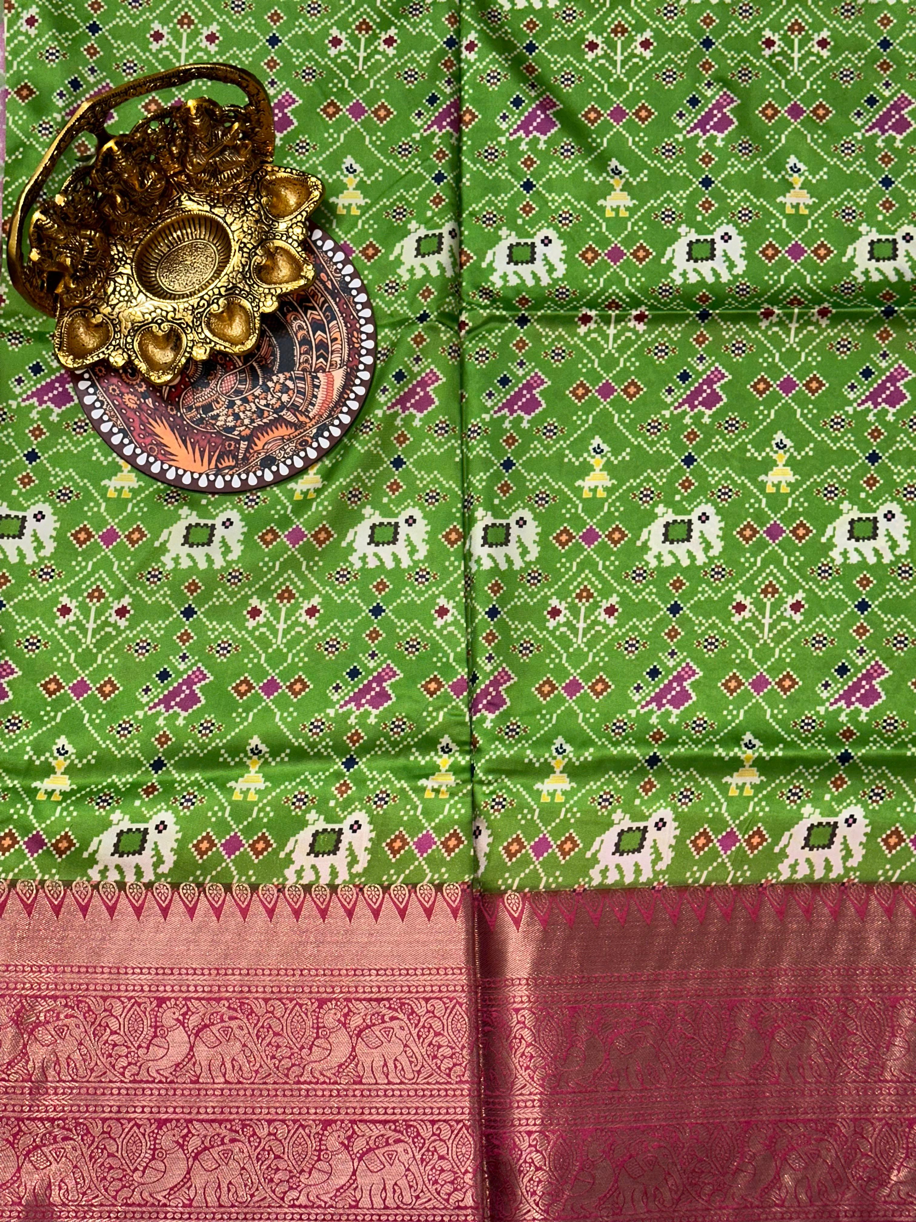 Green Patola Digital Print Saree | Unstitched