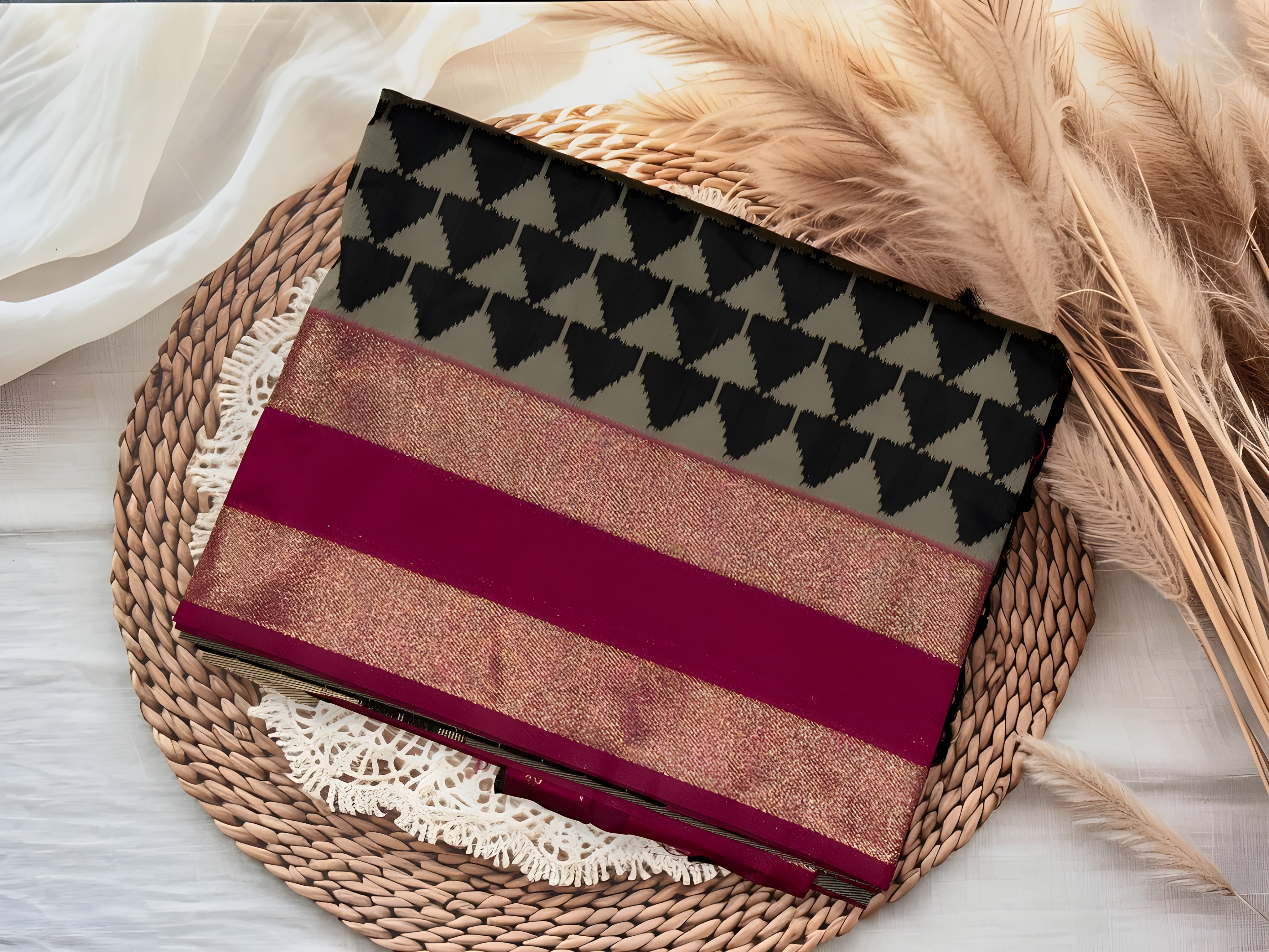 Radiant Black Soft Silk Ikkat Saree | Unstitched | Black