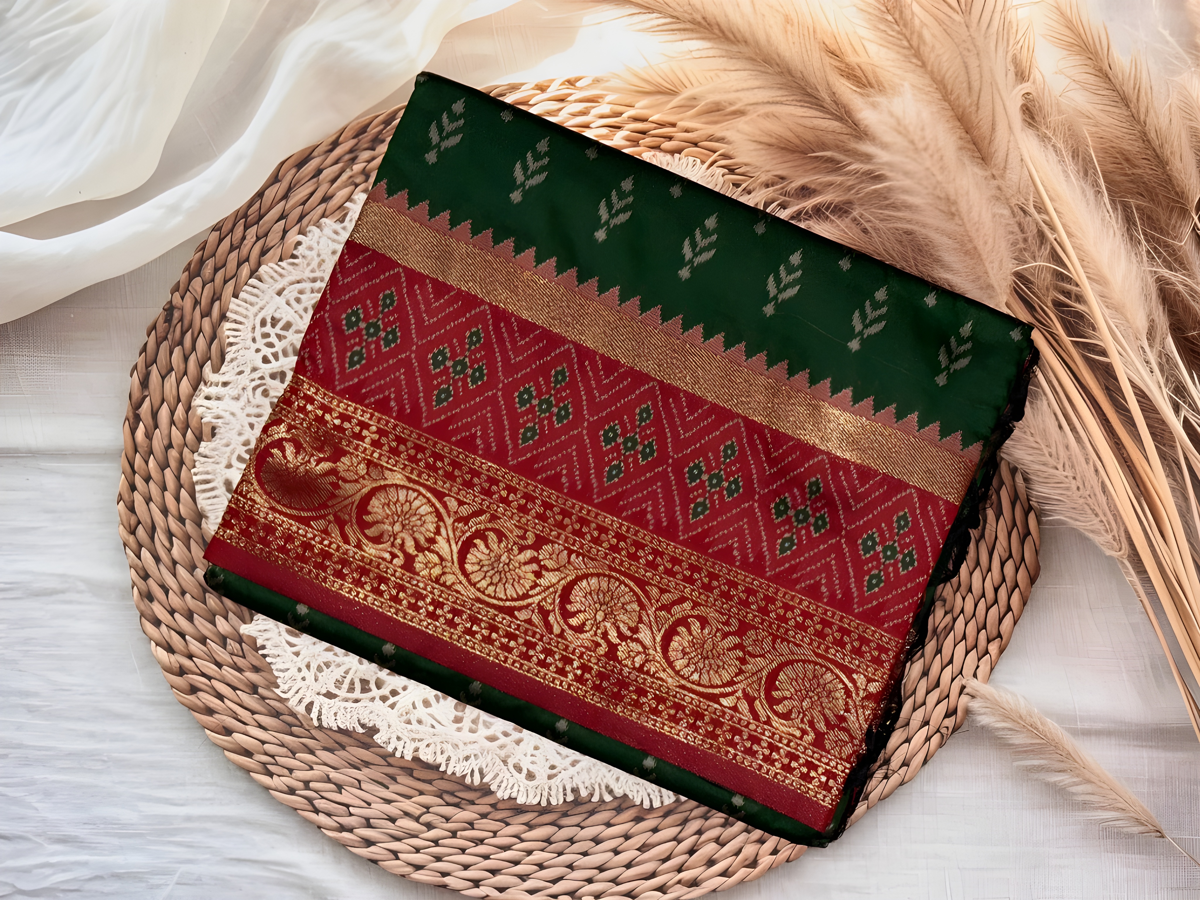 Radiance Green Soft Silk Ikkat Saree | Unstitched | Green