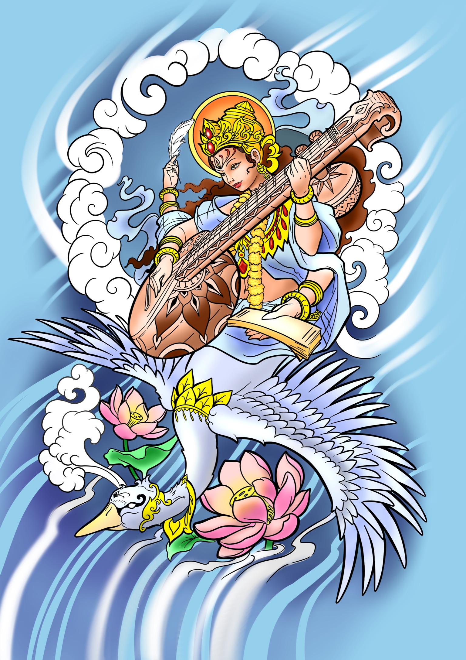 Saraswati Tattoo Design – Goddess of Knowledge Large-Scale Concept