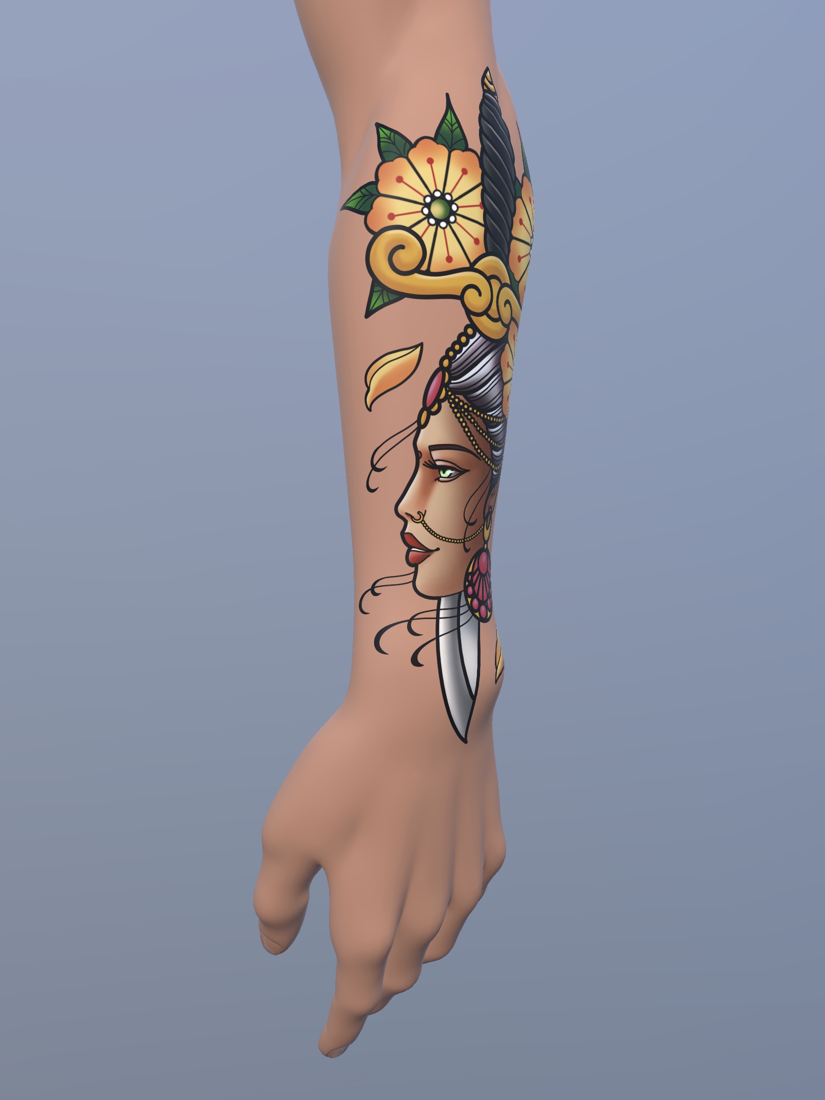 Nayan Kataar Neo-Traditional Indian Woman Tattoo Design – Power, Intuition & Silent Strength Concept