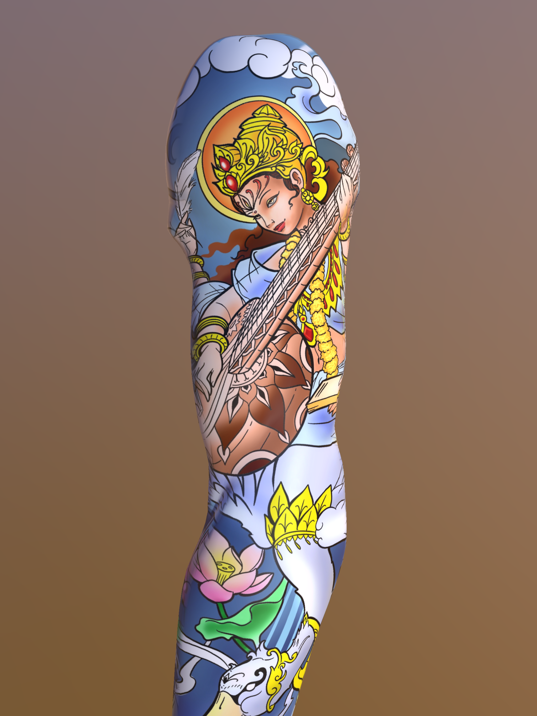 Saraswati Tattoo Design – Goddess of Knowledge Large-Scale Concept
