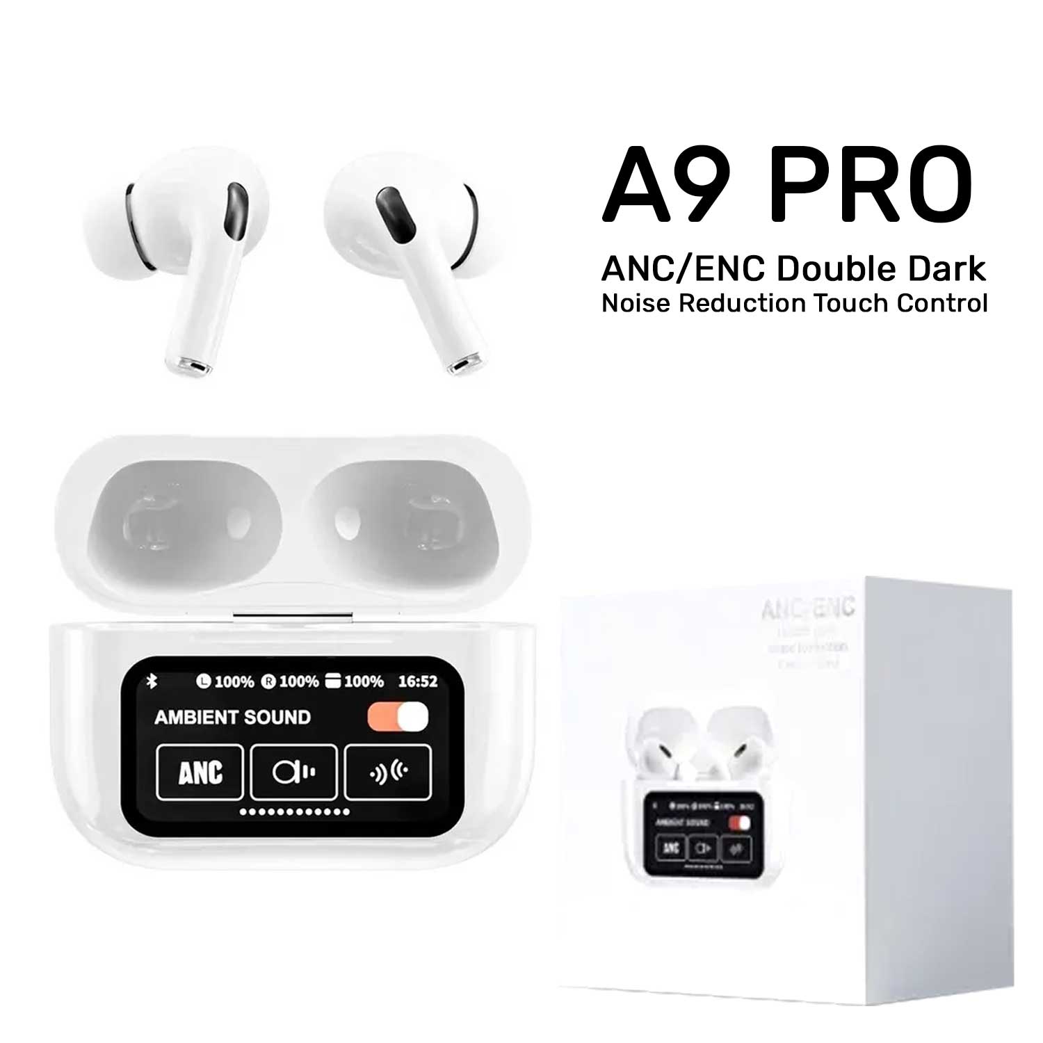 BLACK NEW A9 PRO APPLE AIRPODS ANC/ENC ZHONGKELQNXUN TOUCH CONTROL BT 5.4 EARBUDS