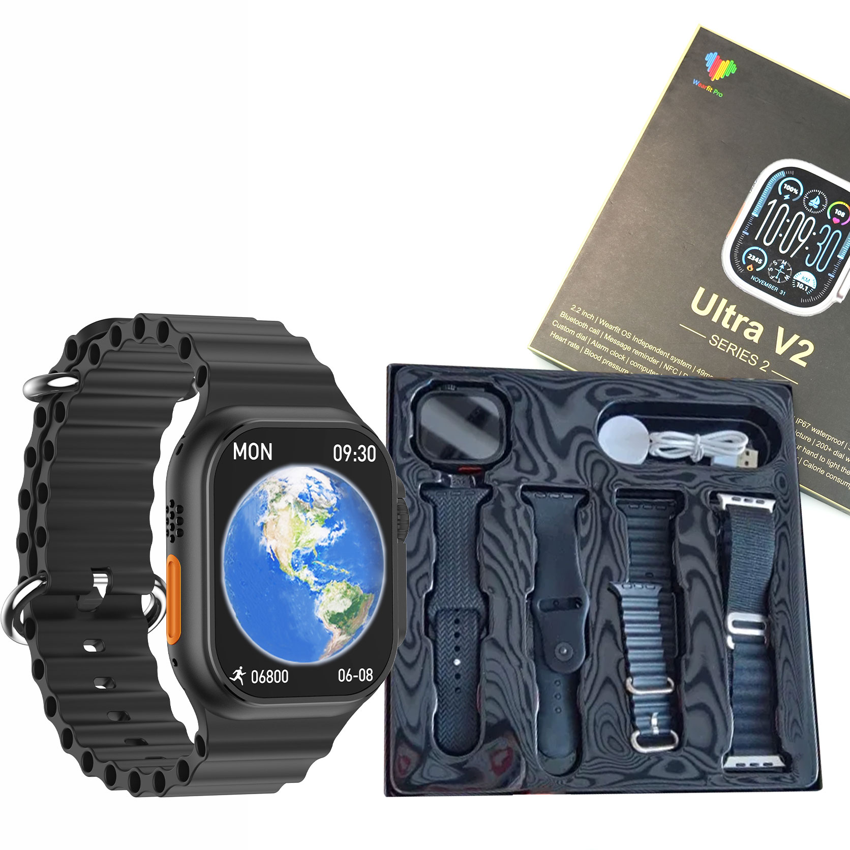 ULTRA V2 NEW FASHION 2.2 LARGE SCREEN WITH 4 STRAPS SMART WATCH WITH WearFit Pro APP 
