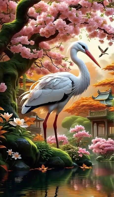 Tapyba pagal skaičius „Gervė prie vyšnių žiedų“