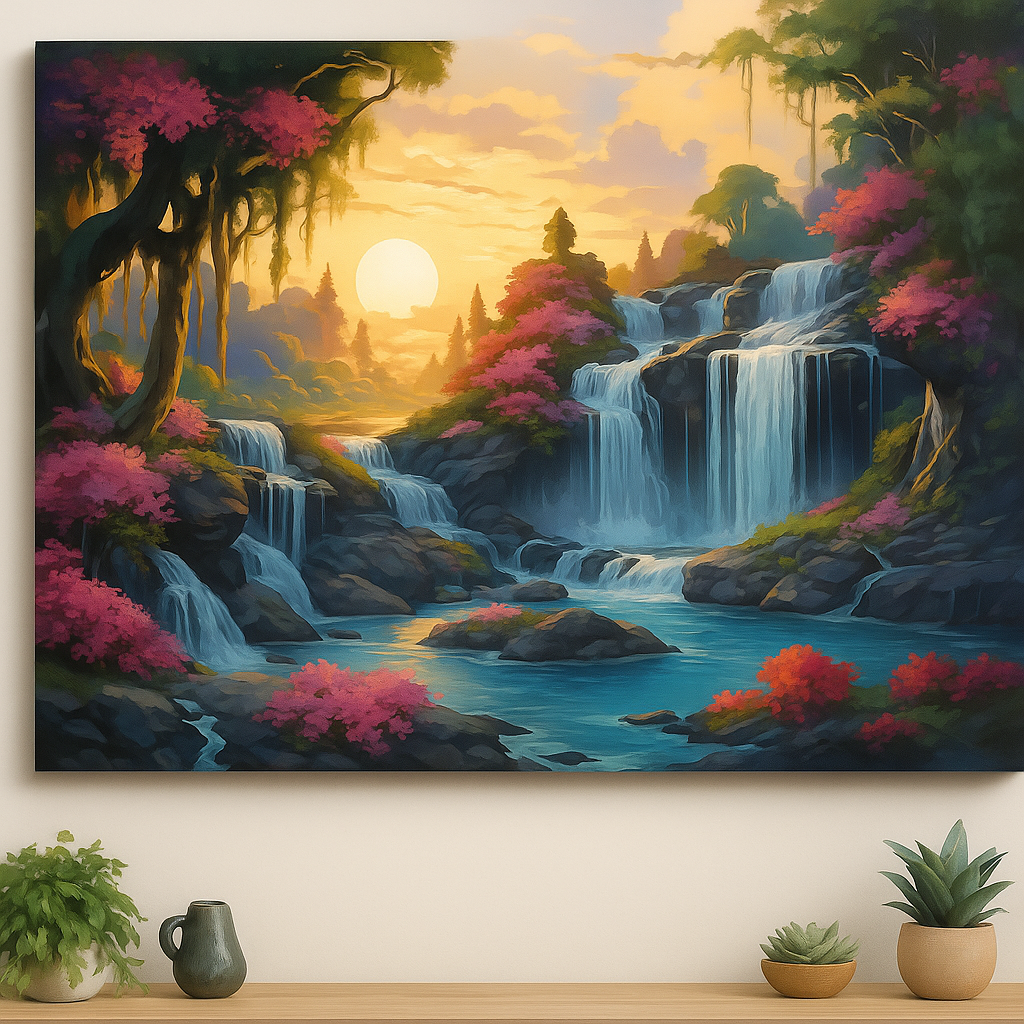 Tapyba pagal skaičius „Saulėlydis prie krioklio“