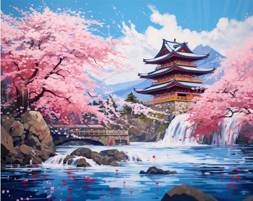 Tapyba pagal skaičius „Japoniškas sodas su sakurų žydėjimu“