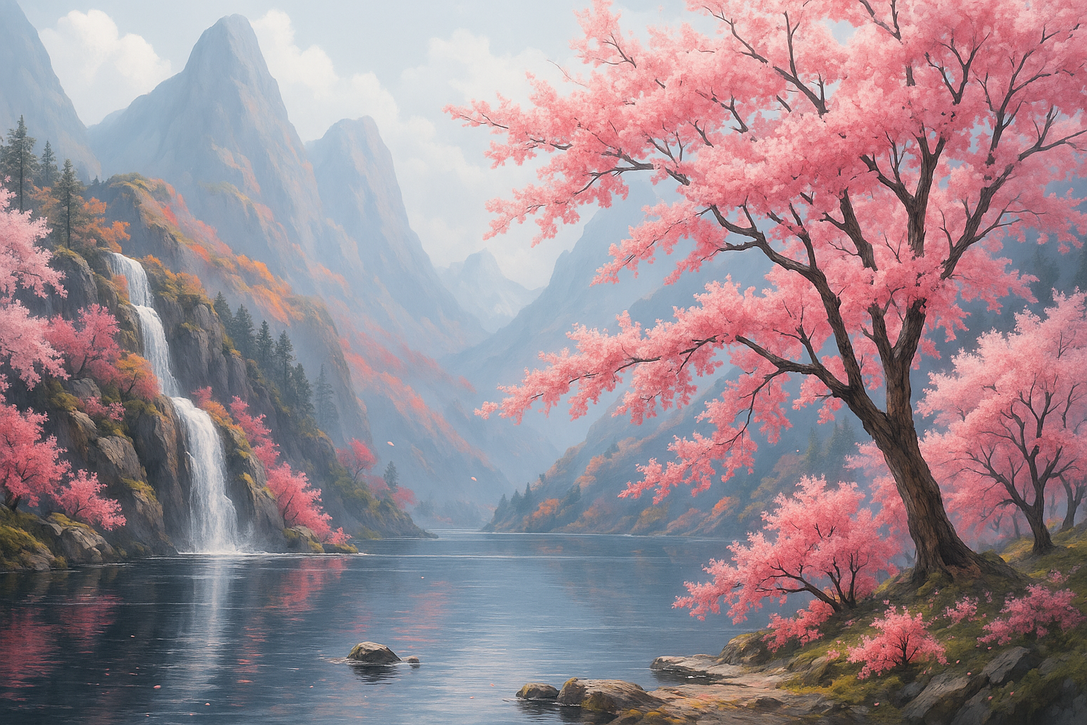 Tapyba pagal skaičius "Kalnų krioklys su sakurų žiedais" 