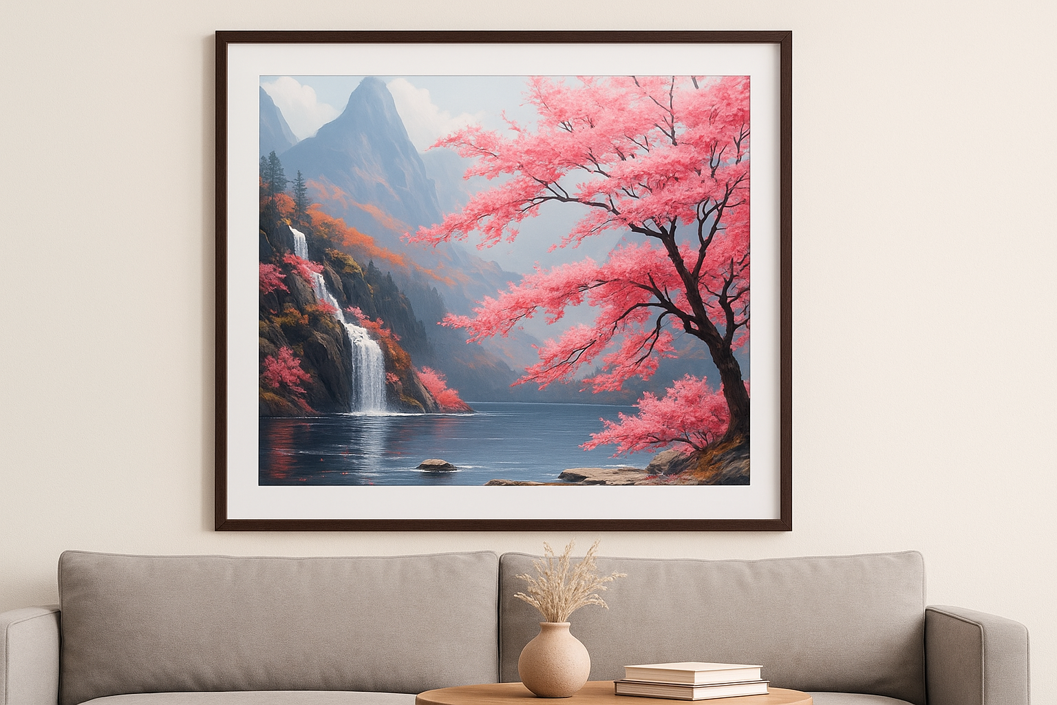 Tapyba pagal skaičius "Kalnų krioklys su sakurų žiedais"