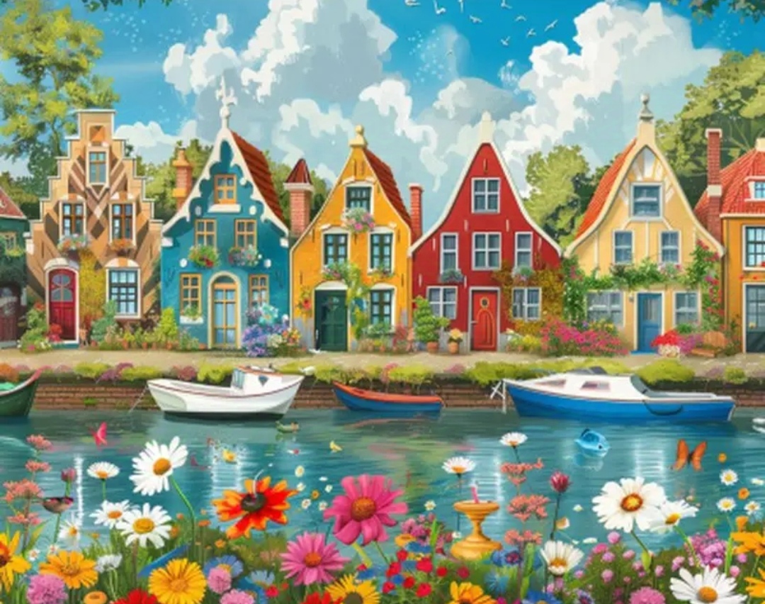 Tapyba pagal skaičius "Spalvingas kanalų miestelis" 