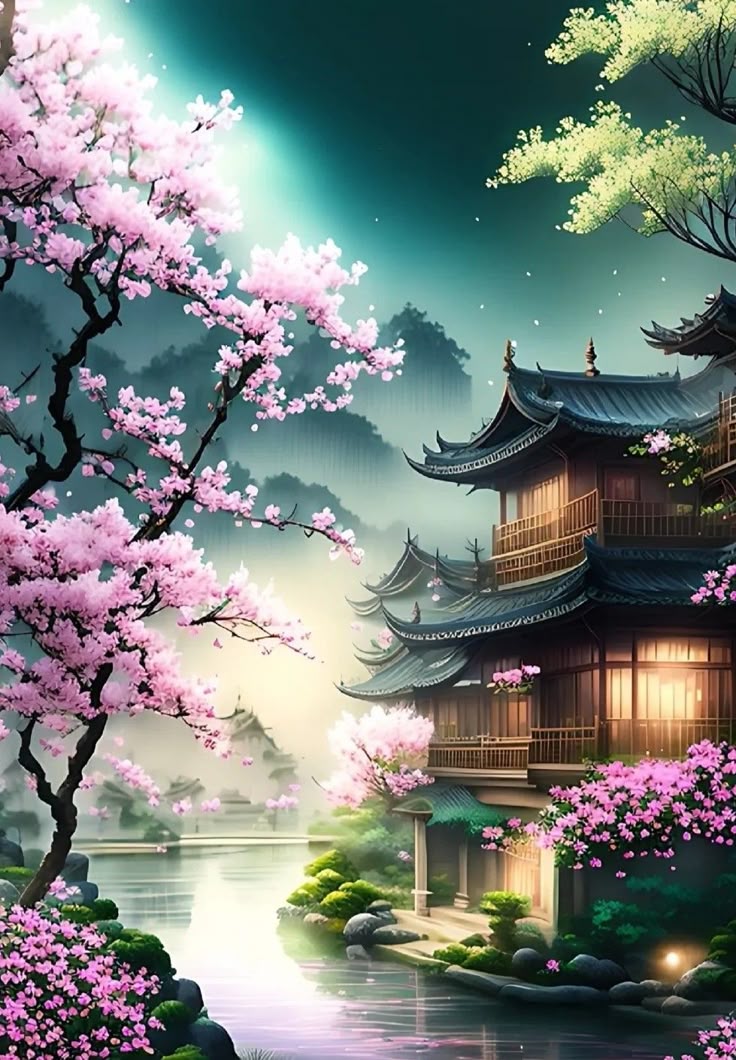 Tapyba pagal skaičius „Japoniškas sodas prie upės“