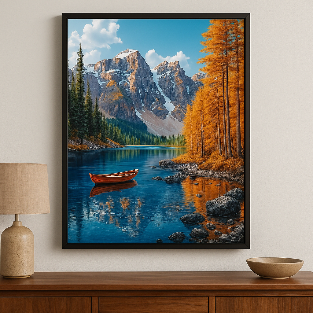 Tapyba pagal skaičius "Kalnų ežeras su valtimi"