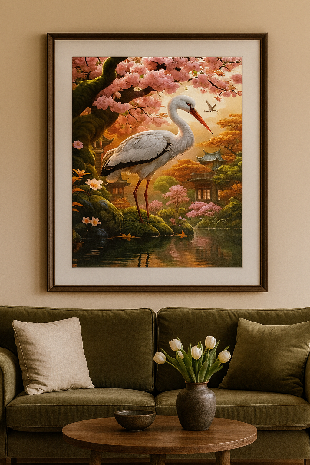 Tapyba pagal skaičius „Gervė prie vyšnių žiedų“